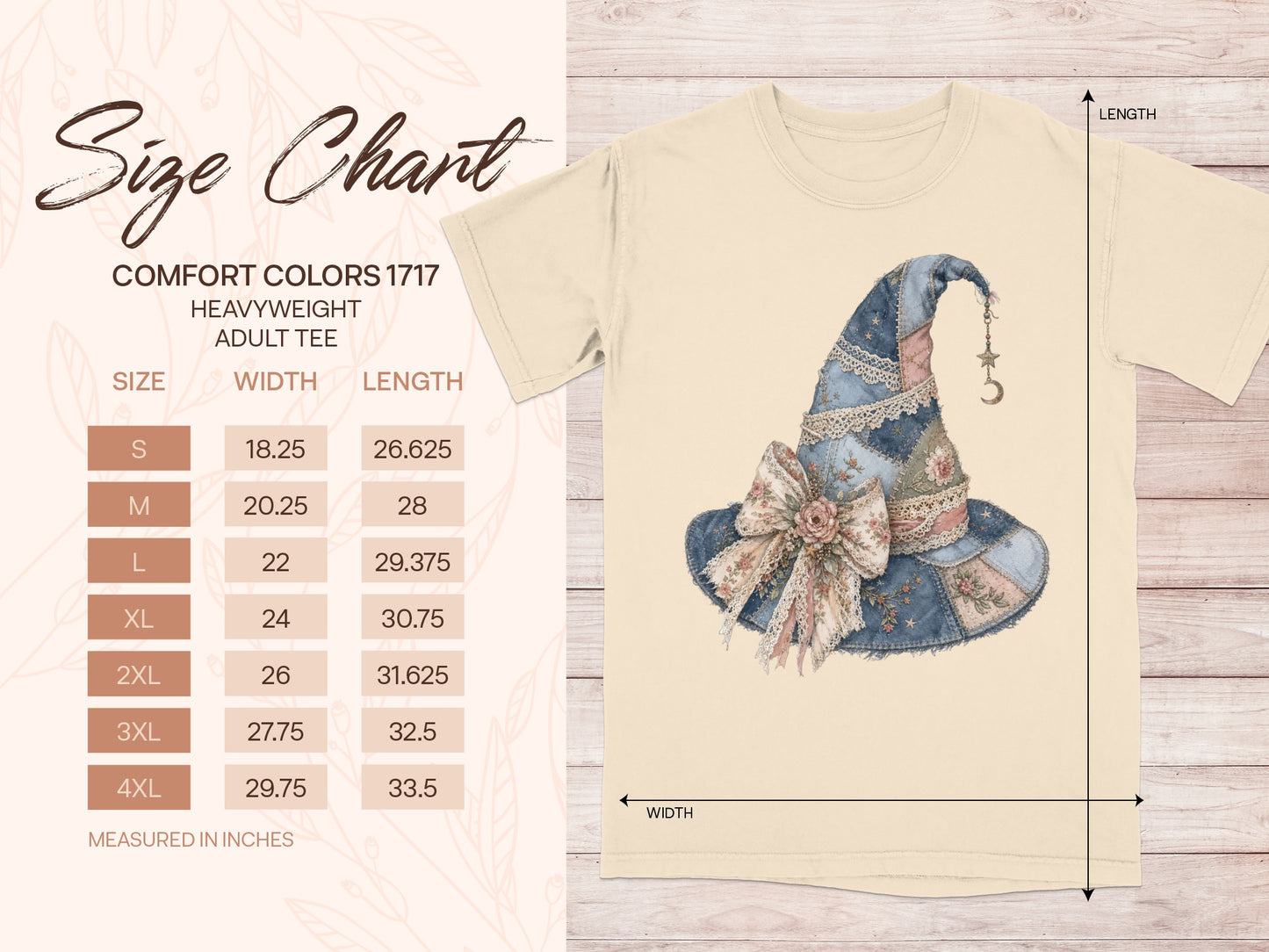 Comfort Colors 1717 adult tee size chart with witch hat graphic.