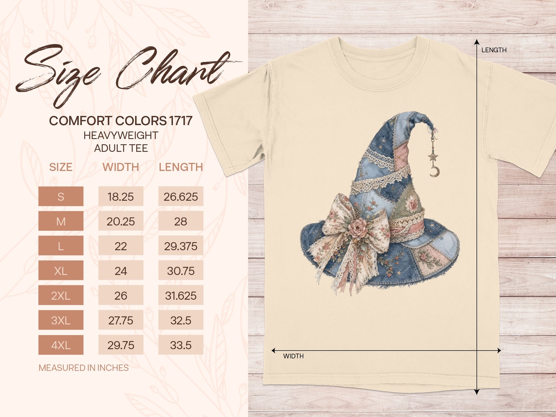Comfort Colors 1717 adult tee size chart with witch hat graphic.