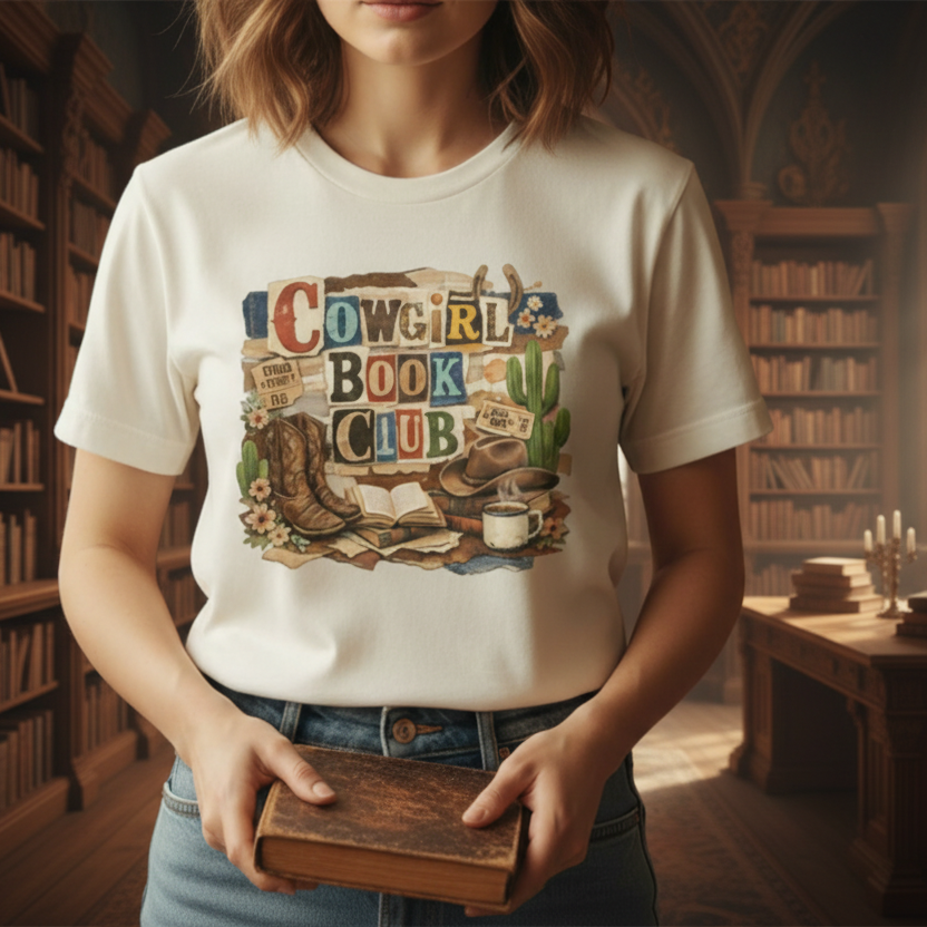 Woman wearing a 'Cowgirl Book Club' t-shirt holding a book in a cozy room.