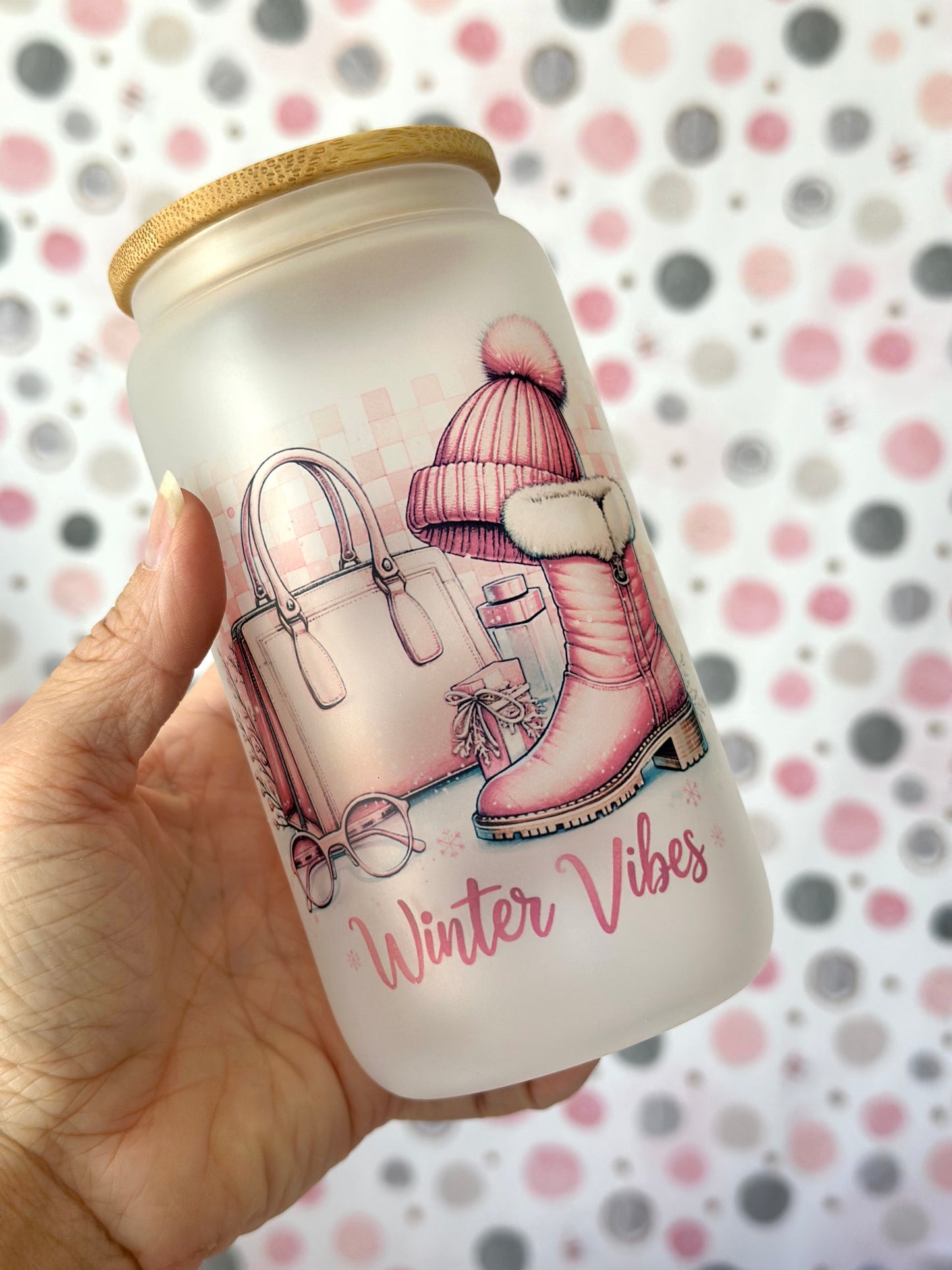 Winter Vibes Sipper Glass Can Tumbler, 16oz Pink Girly Cold Weather Stocking Hat Boots Purse