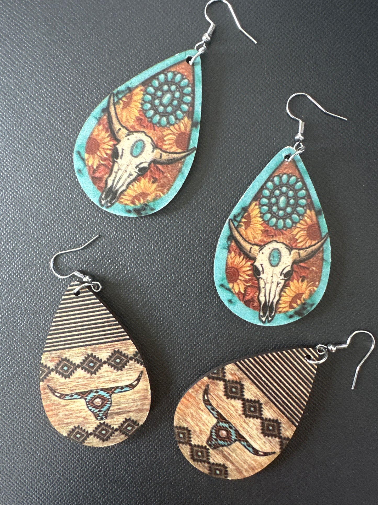 Longhorn Cattle Skull Boho Teardrop Wooden Dangle Earrings Fall Accessories Women’s Stylish Earrings