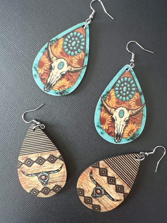 Longhorn Cattle Skull Boho Teardrop Wooden Dangle Earrings Fall Accessories Women’s Stylish Earrings