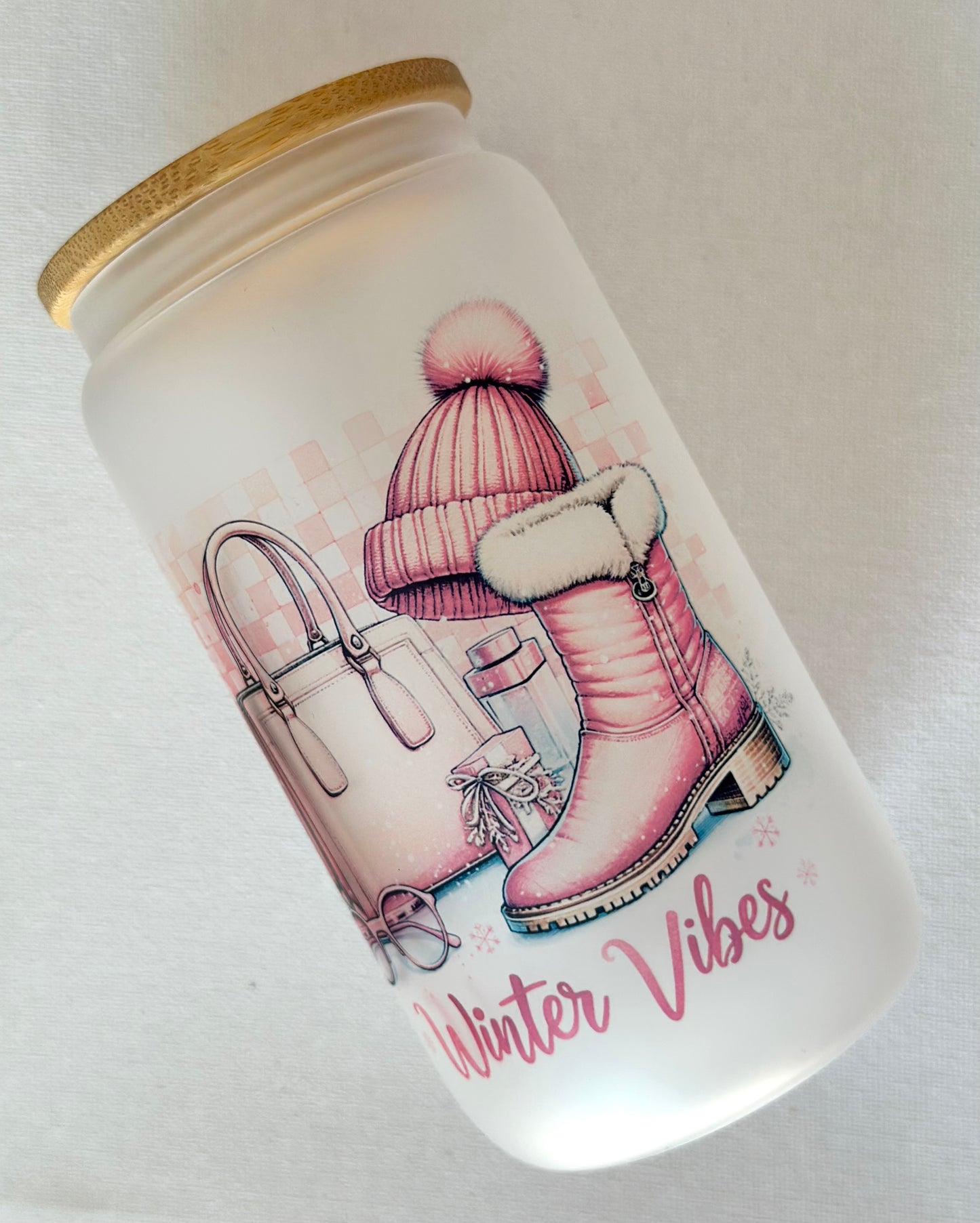 Winter Vibes Sipper Glass Can Tumbler, 16oz Pink Girly Cold Weather Stocking Hat Boots Purse