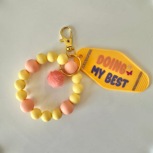 Hotel Keychain Silicone Beaded Wristlet With Pompom