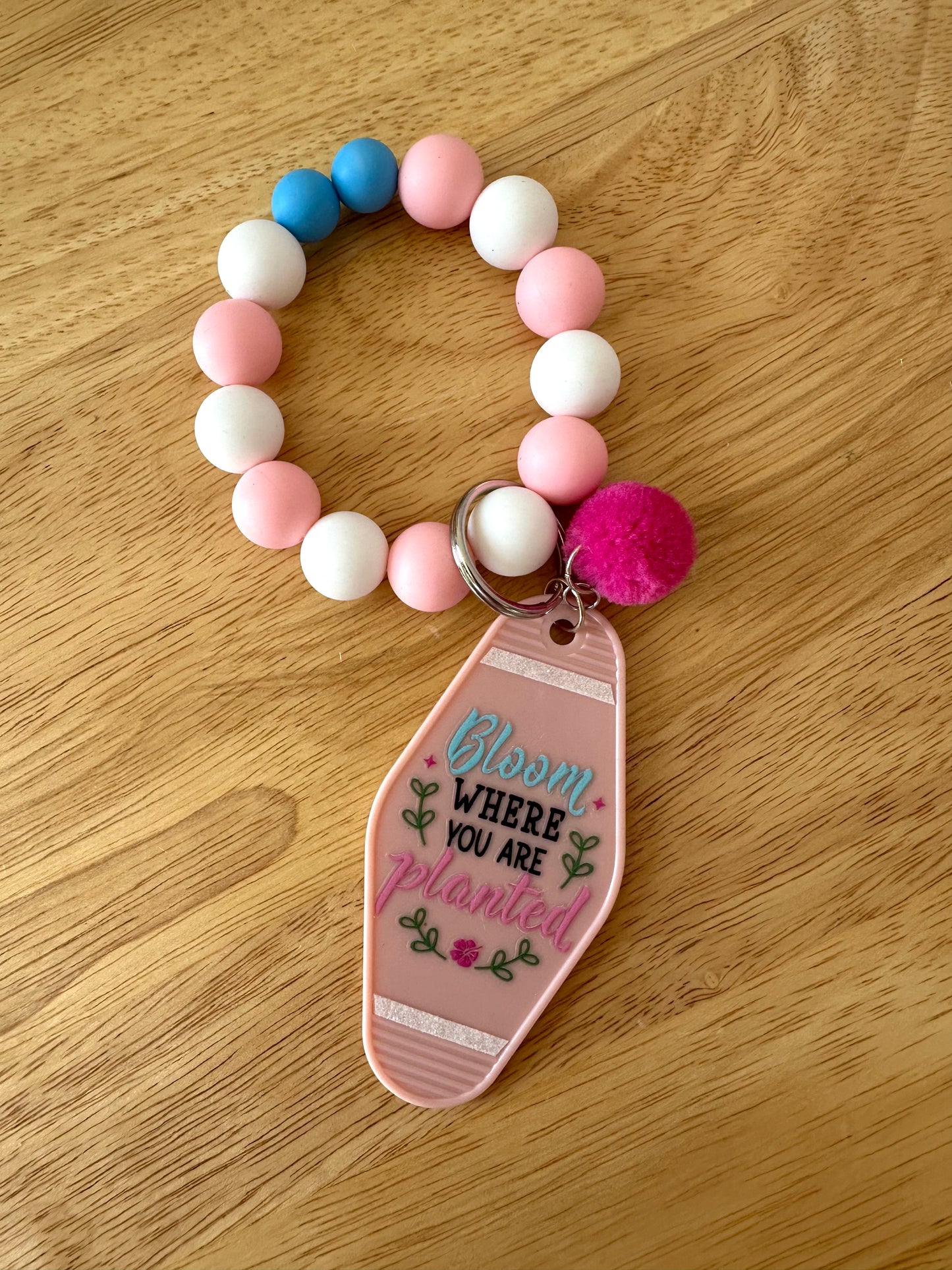 Hotel Keychain Silicone Beaded Wristlet With Pompom