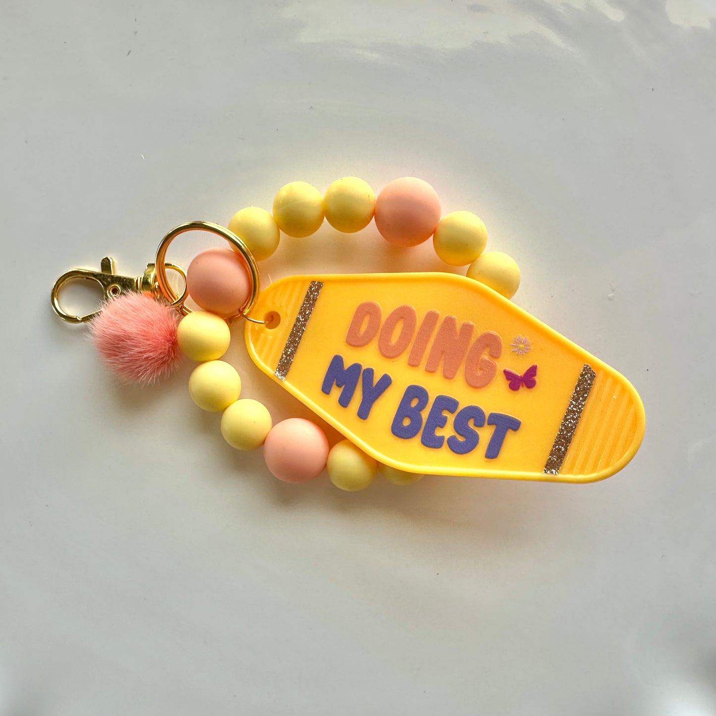 Hotel Keychain Silicone Beaded Wristlet With Pompom