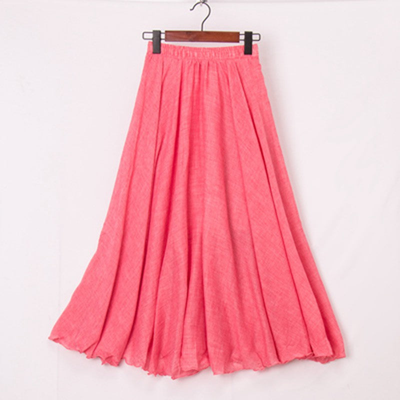 High Quality Cotton Linen Maxi Skirt Elastic High Waist Pleated A-Line