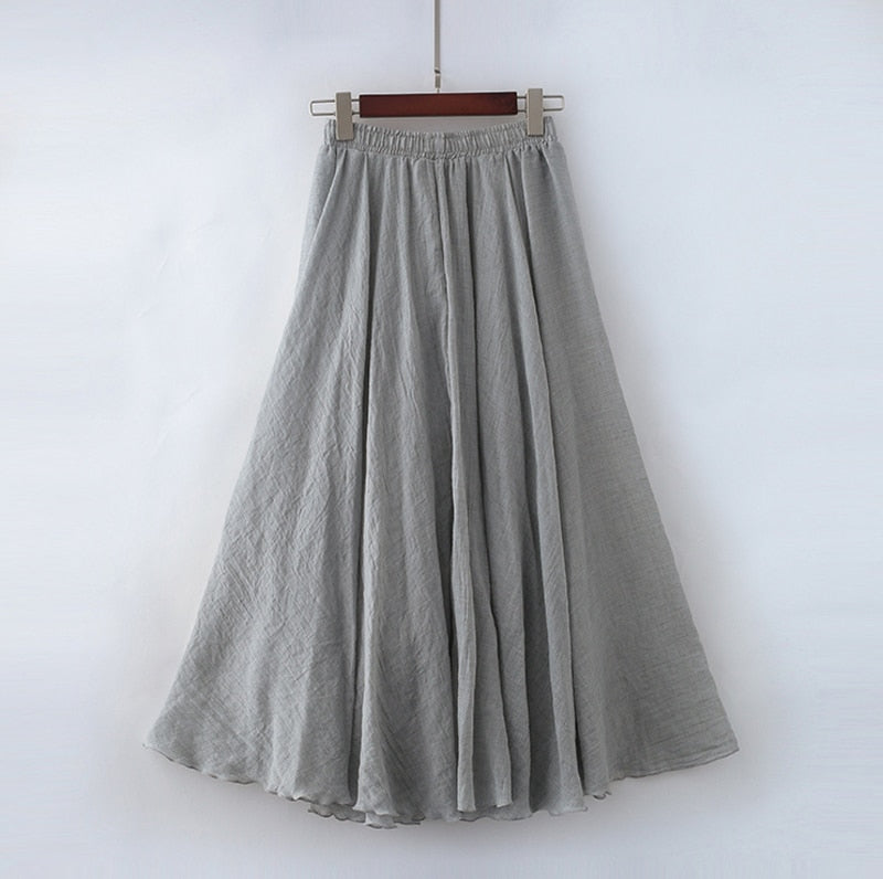 High Quality Cotton Linen Maxi Skirt Elastic High Waist Pleated A-Line