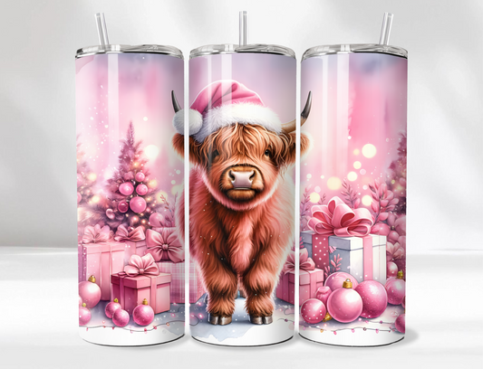 Winter Wonderland Pink & White Highland Cow SEAMLESS 20 Oz Skinny Tumbler