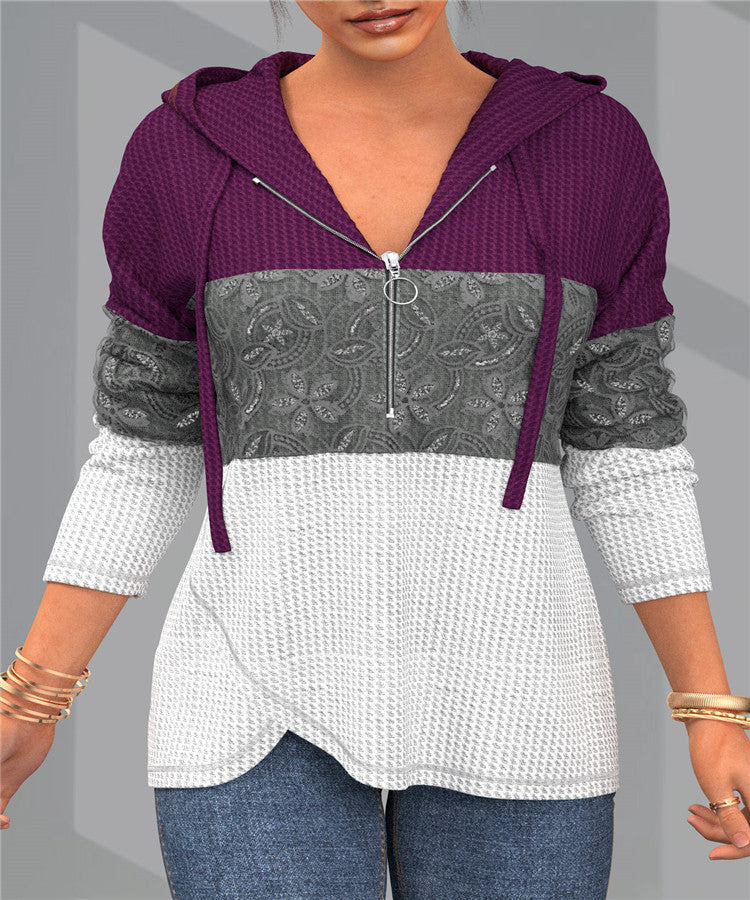 Women's Elegant Color Block With Half Zipper Sweater