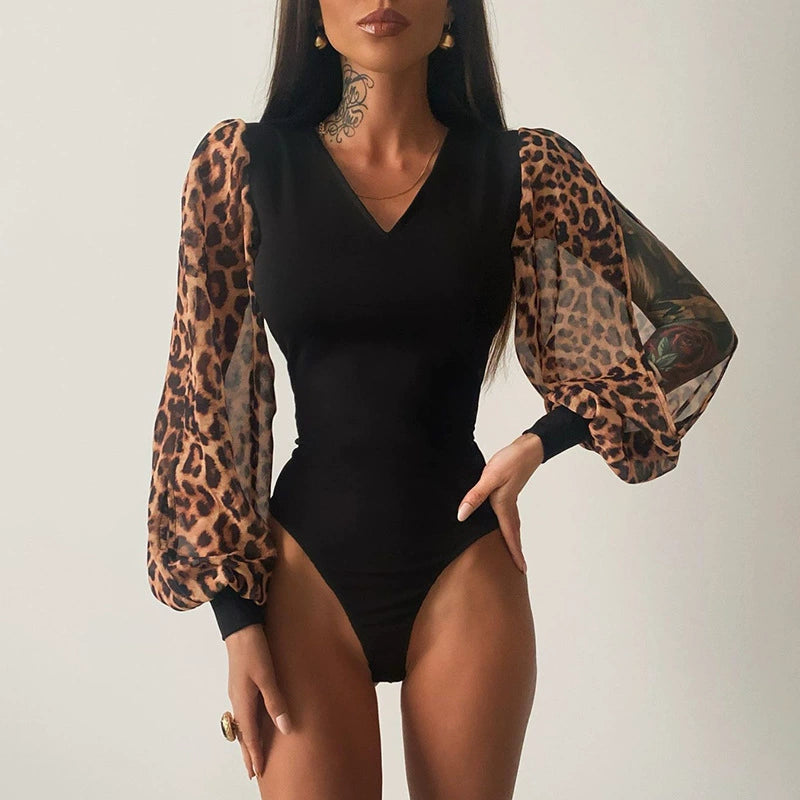 Leopard Print Printed Billow Split Sleeves Bodysuit