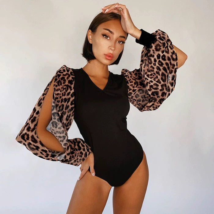 Leopard Print Printed Billow Split Sleeves Bodysuit