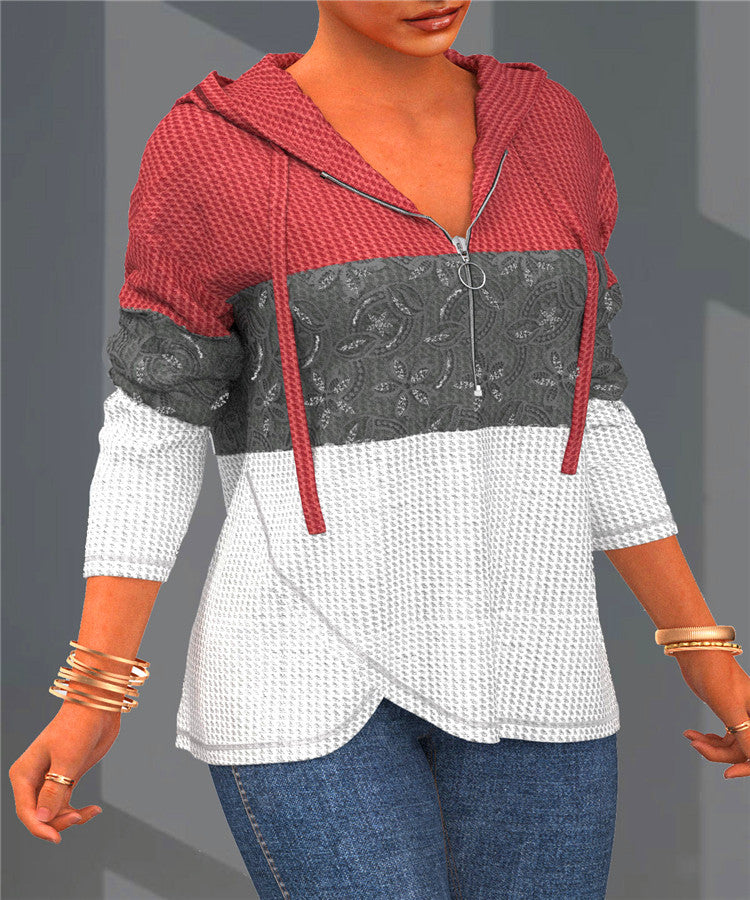 Women's Elegant Color Block With Half Zipper Sweater