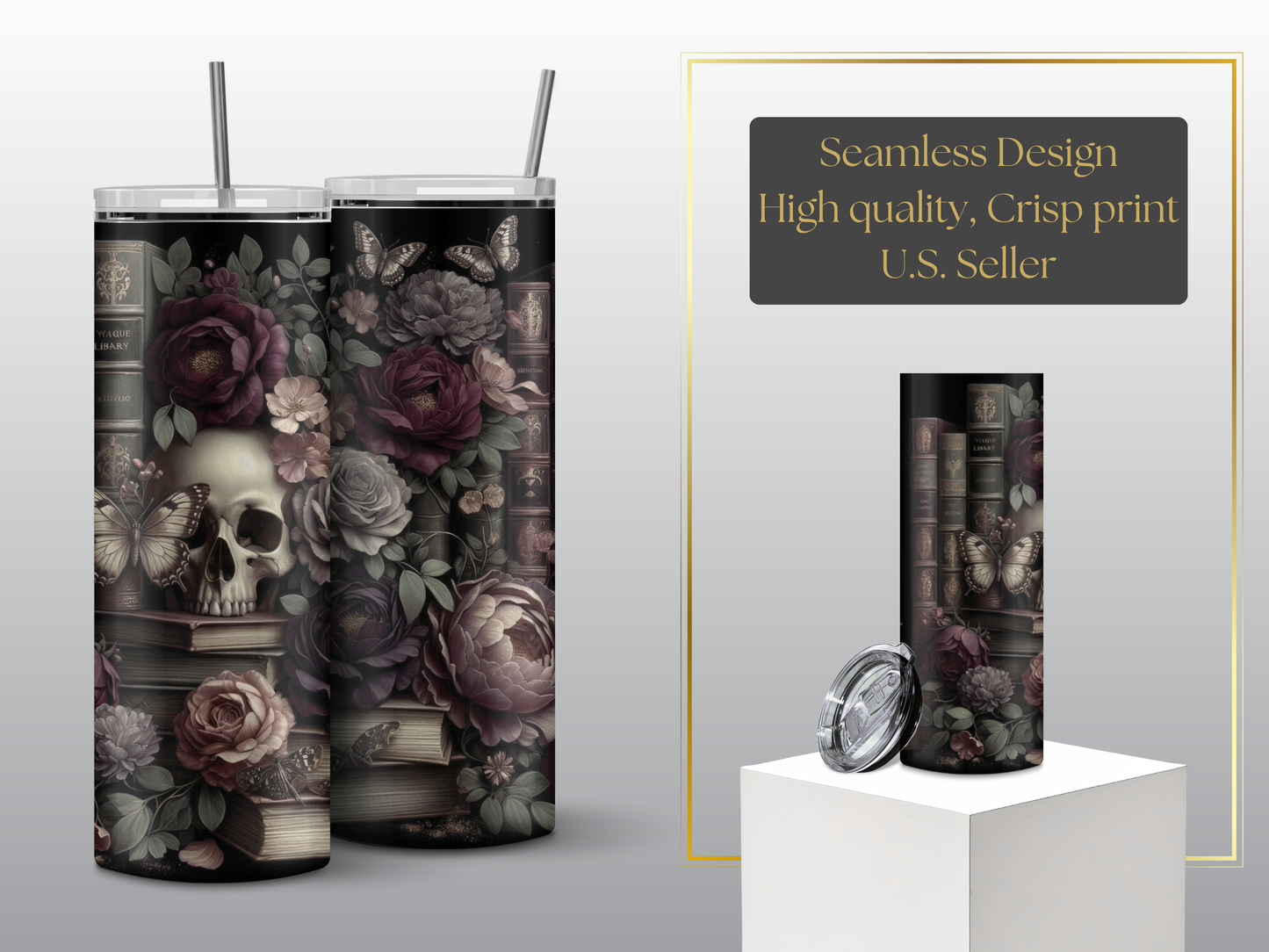 Dark Academia Skull Floral Tumbler, Gothic Library Design, Moody Botanical Flowers, Vintage Book Aesthetic Cup, 20oz Skinny Tumbler
