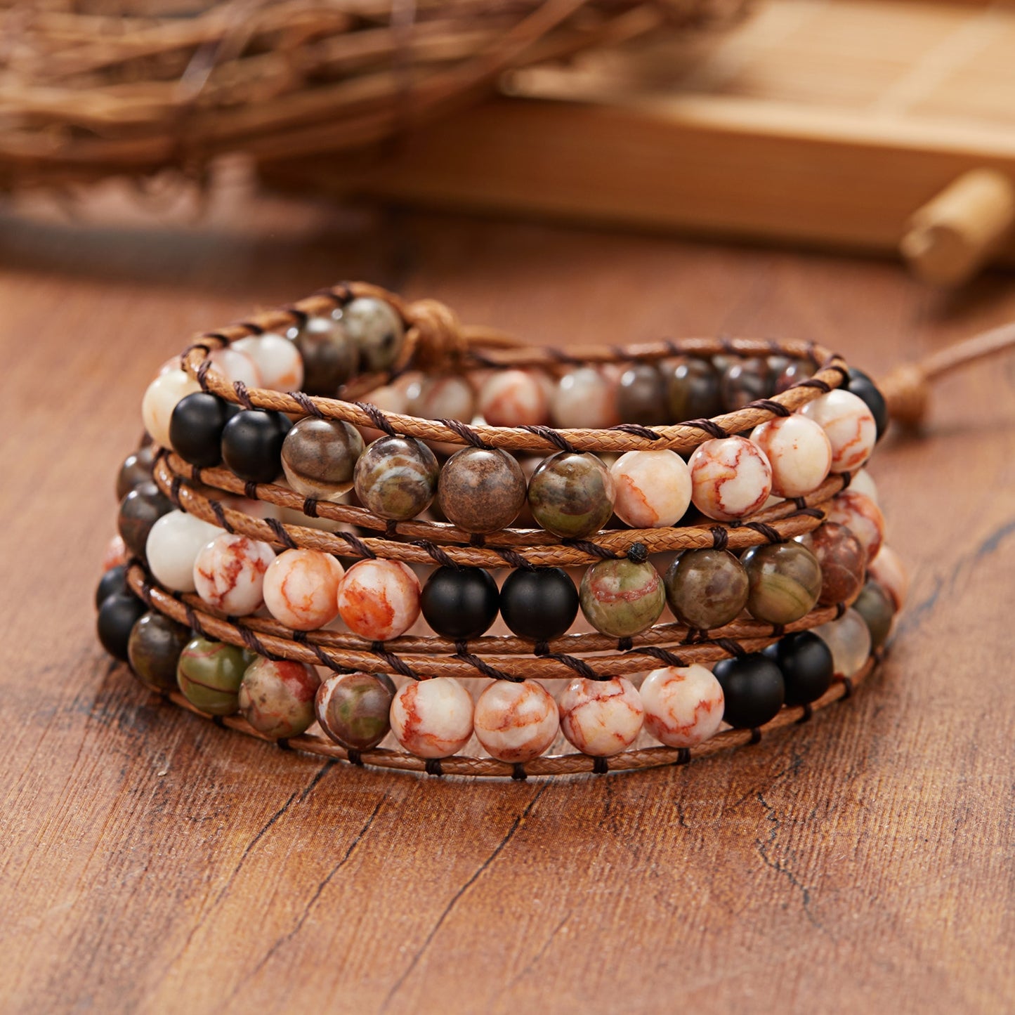 Woven Wrap Volcanic Stone Multi Color Beads Rope Chain Bracelet