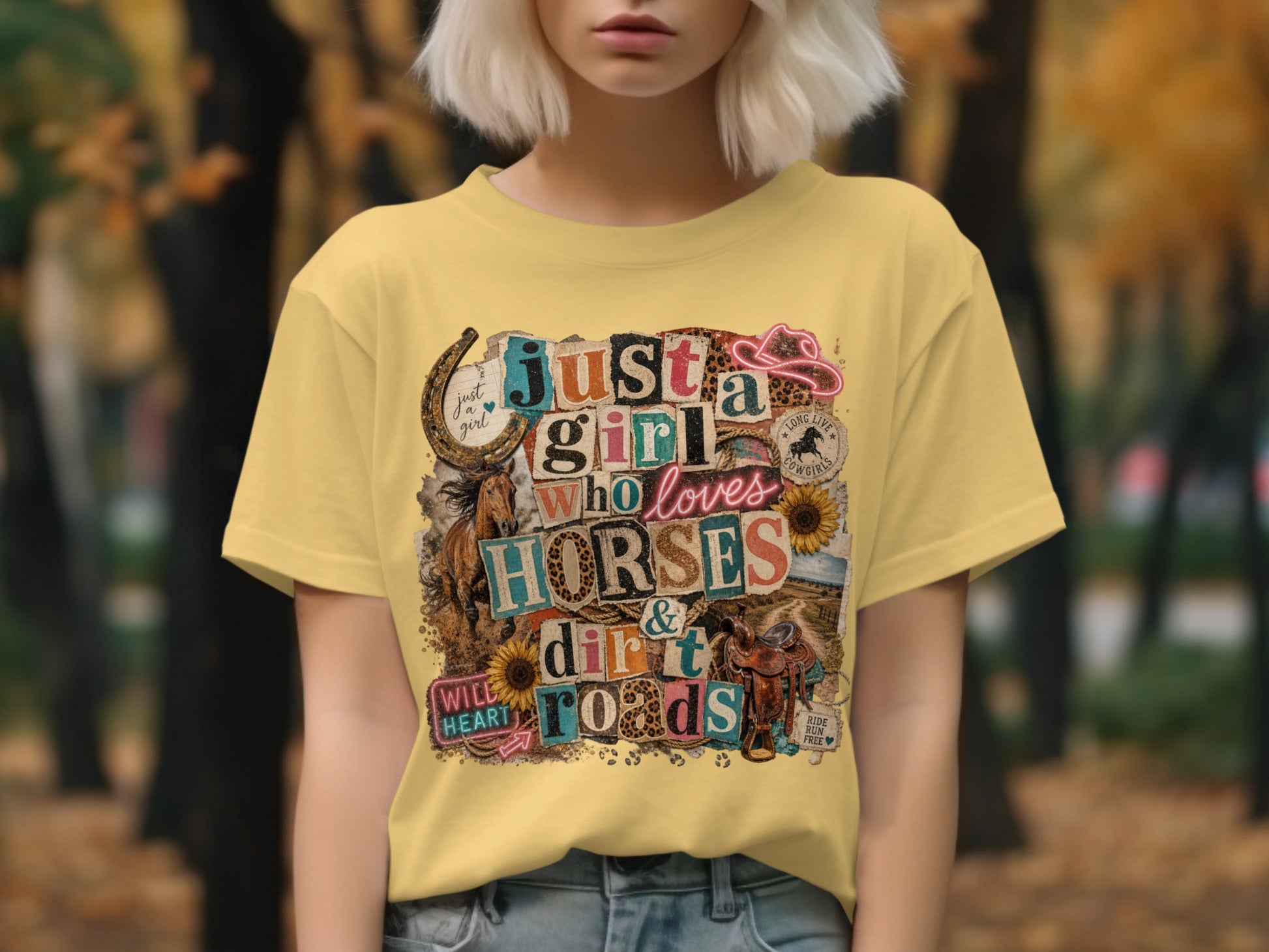 Yellow t-shirt with "Just A Girl Who Loves Horses & Dirt Roads" collage design.