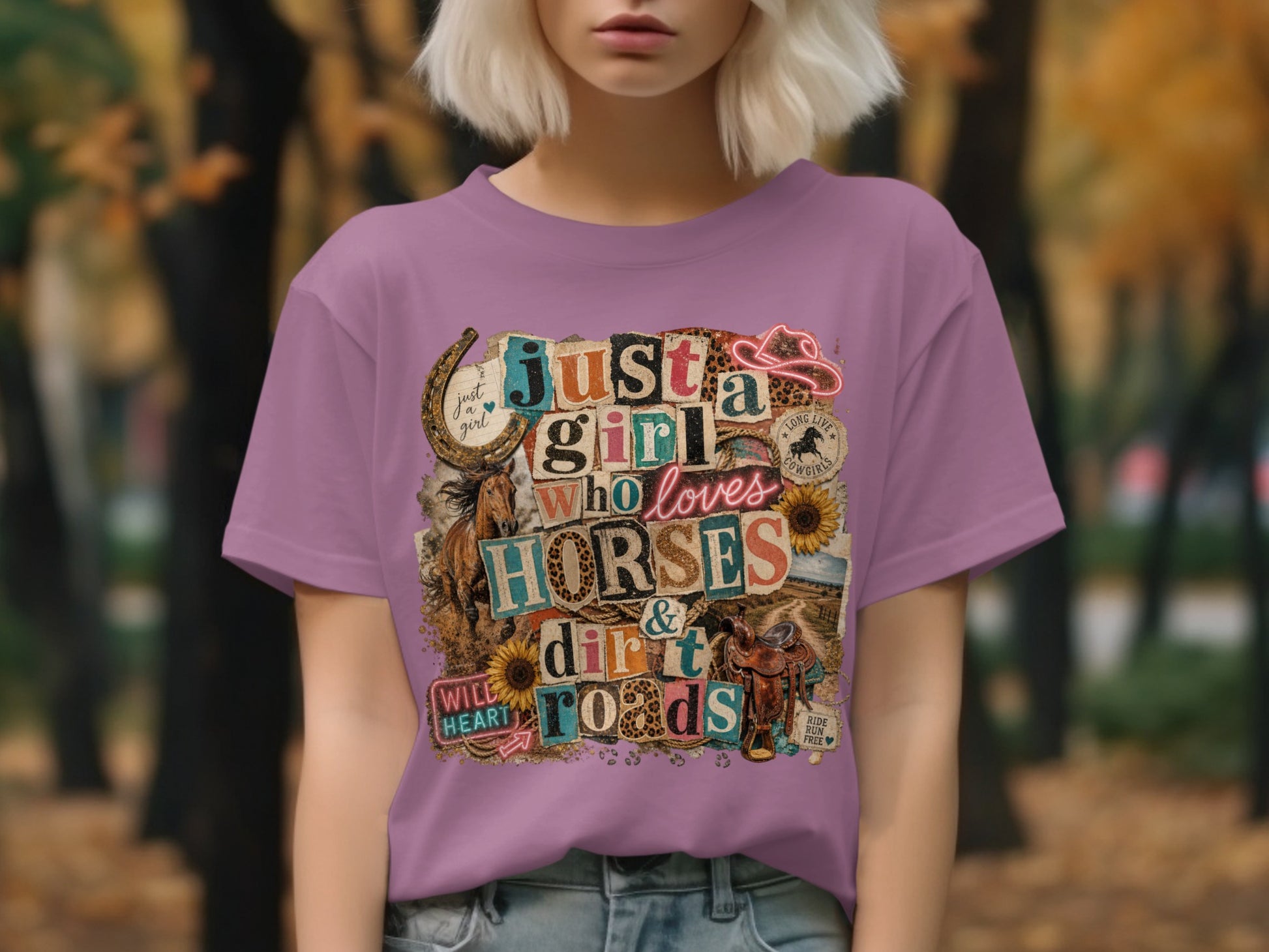 Purple t-shirt with "Just a girl who loves horses & dirt roads" graphic.