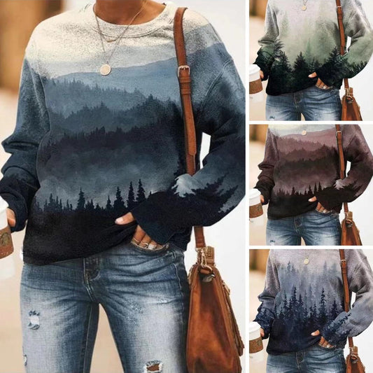 Women's Landscape Floral Print Long Sleeve Pullover