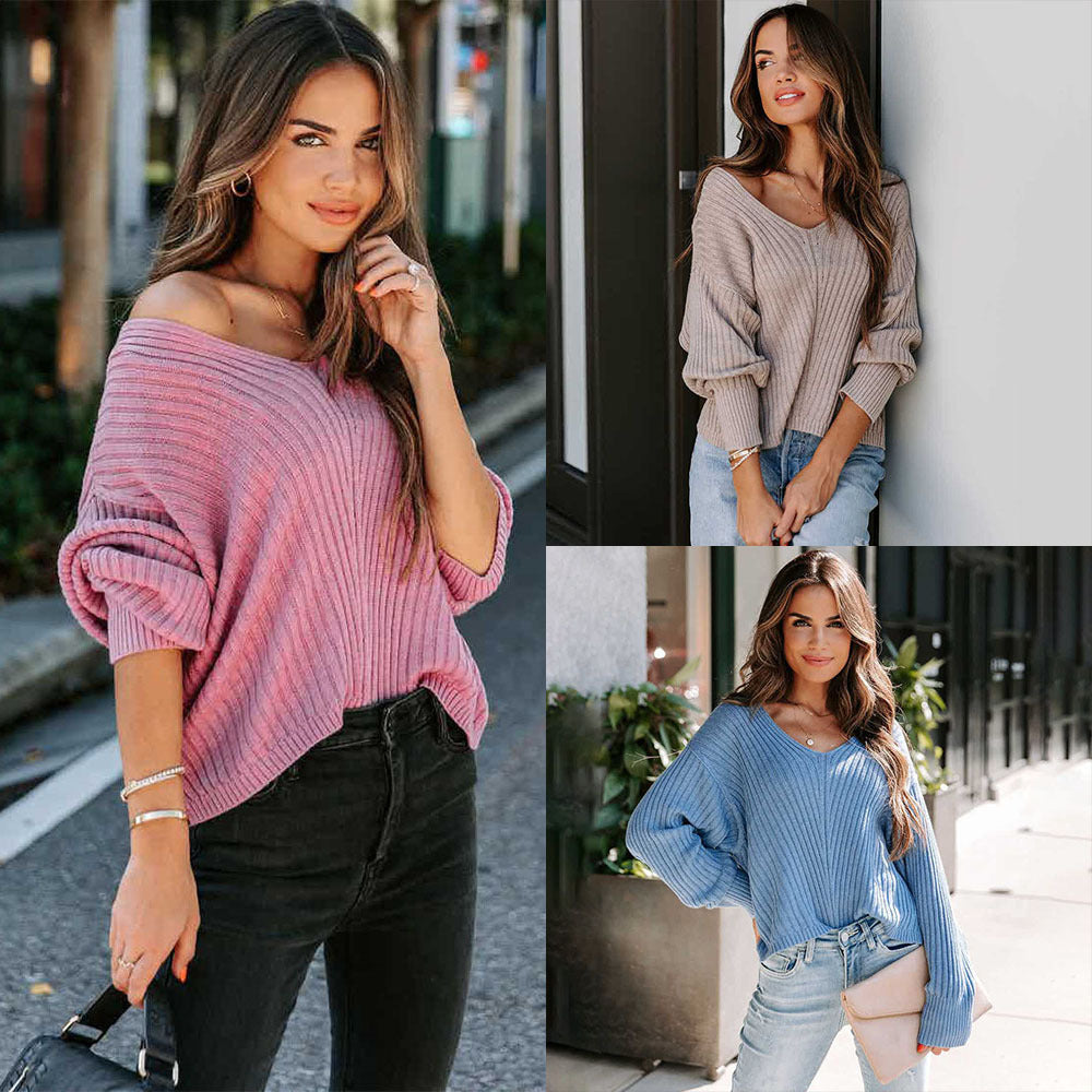 Sexy V-neck Sweater With Batwing Billow Sleeves
