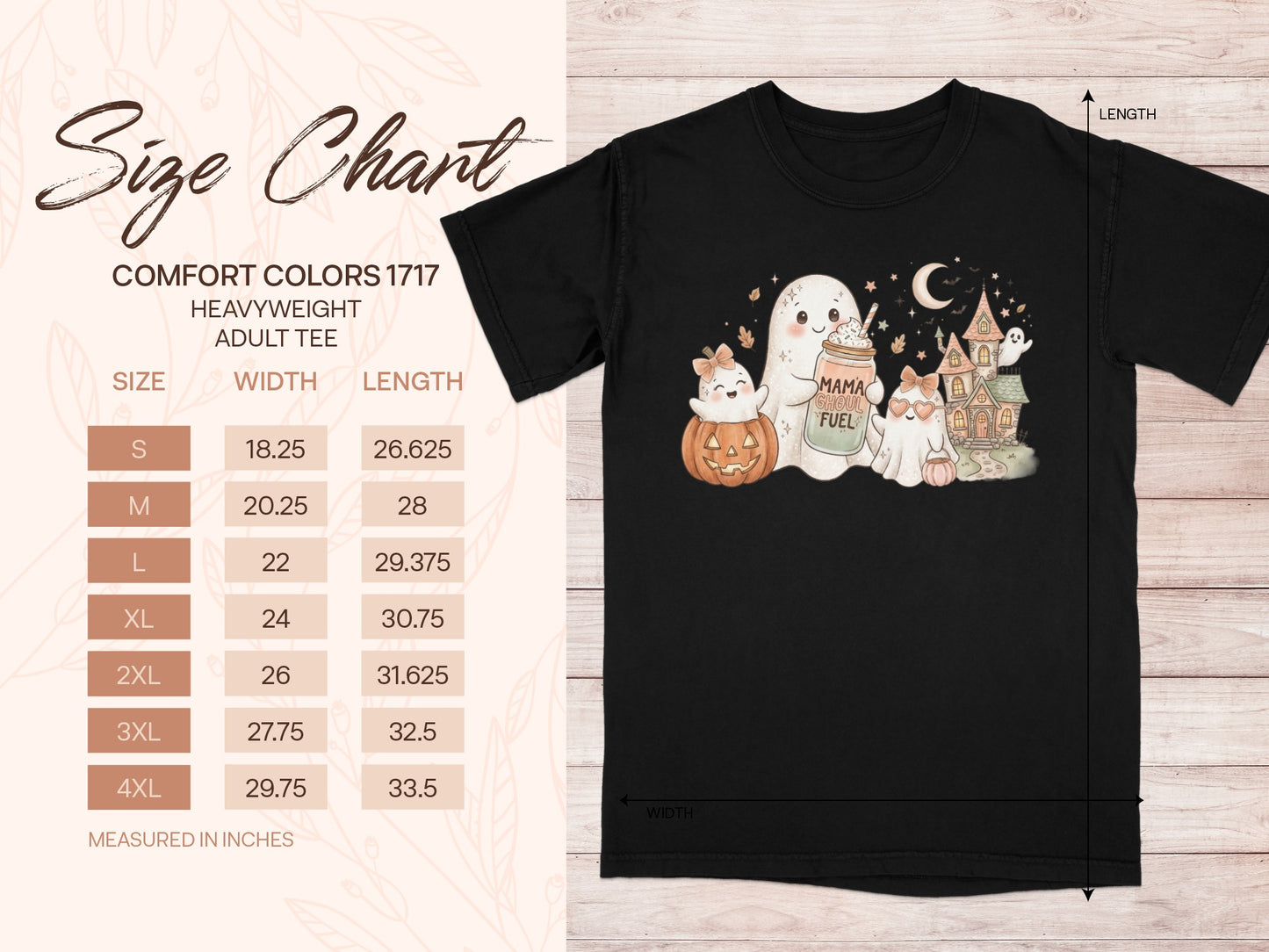 Black Comfort Colors 1717 adult tee with Halloween ghost graphic and size chart.