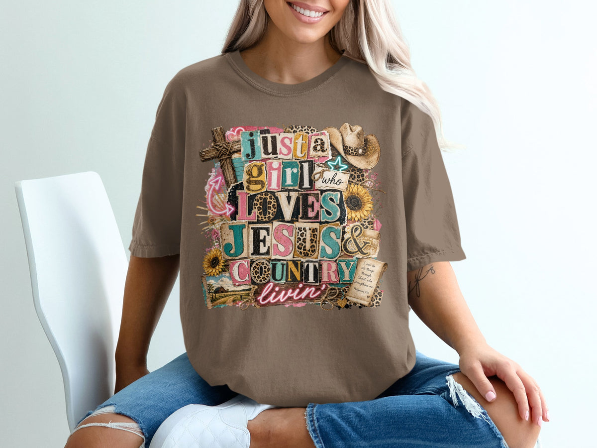 Brown t-shirt with "Just a girl who loves Jesus & country livin'" graphic.