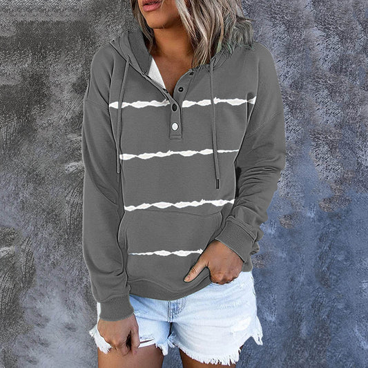 Striped Tie Dye or Color Block Pullover Hoodie with a Buttoned Neckline