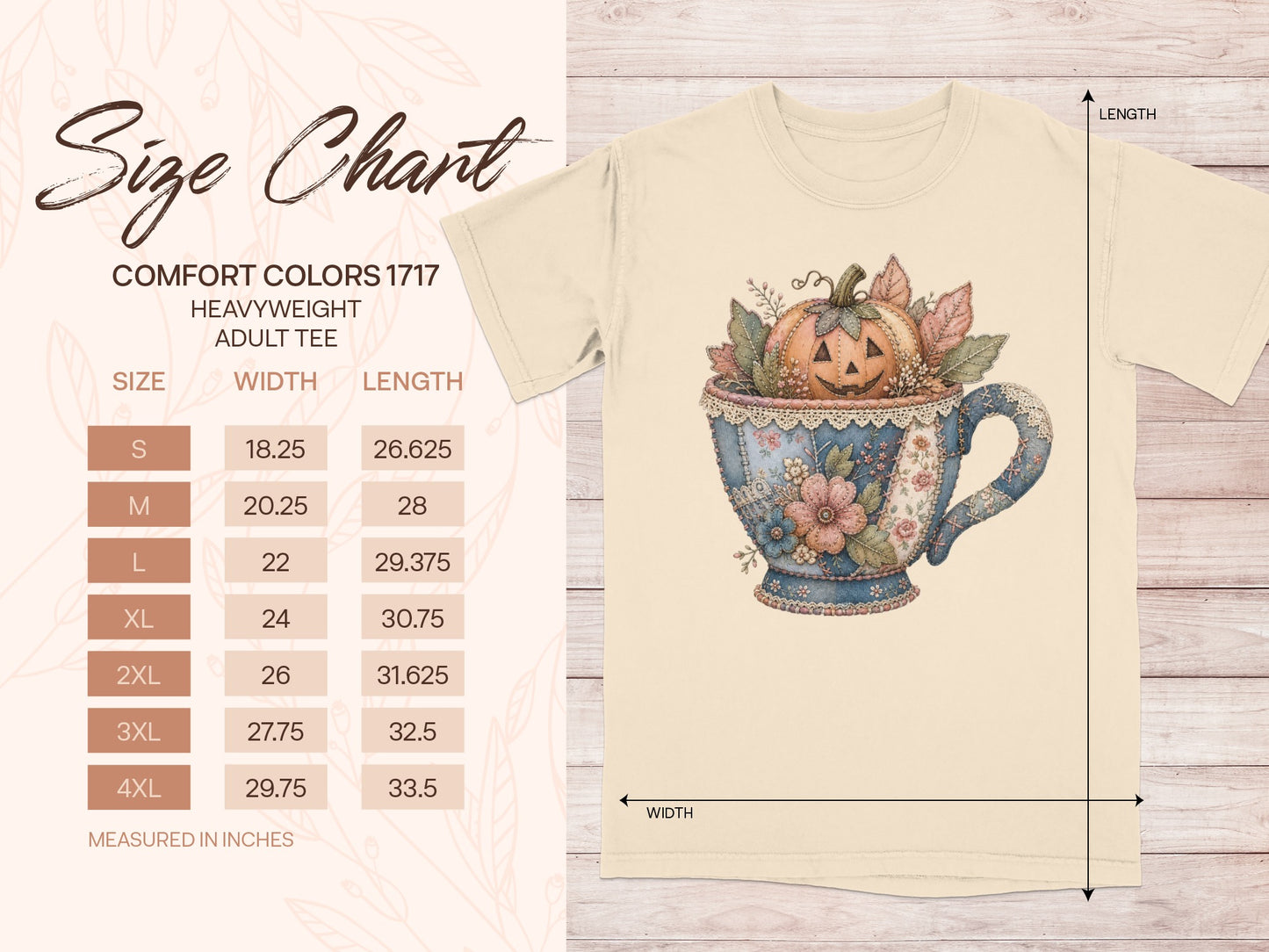 Size chart for Comfort Colors 1717 Heavyweight Adult Tee with illustration.