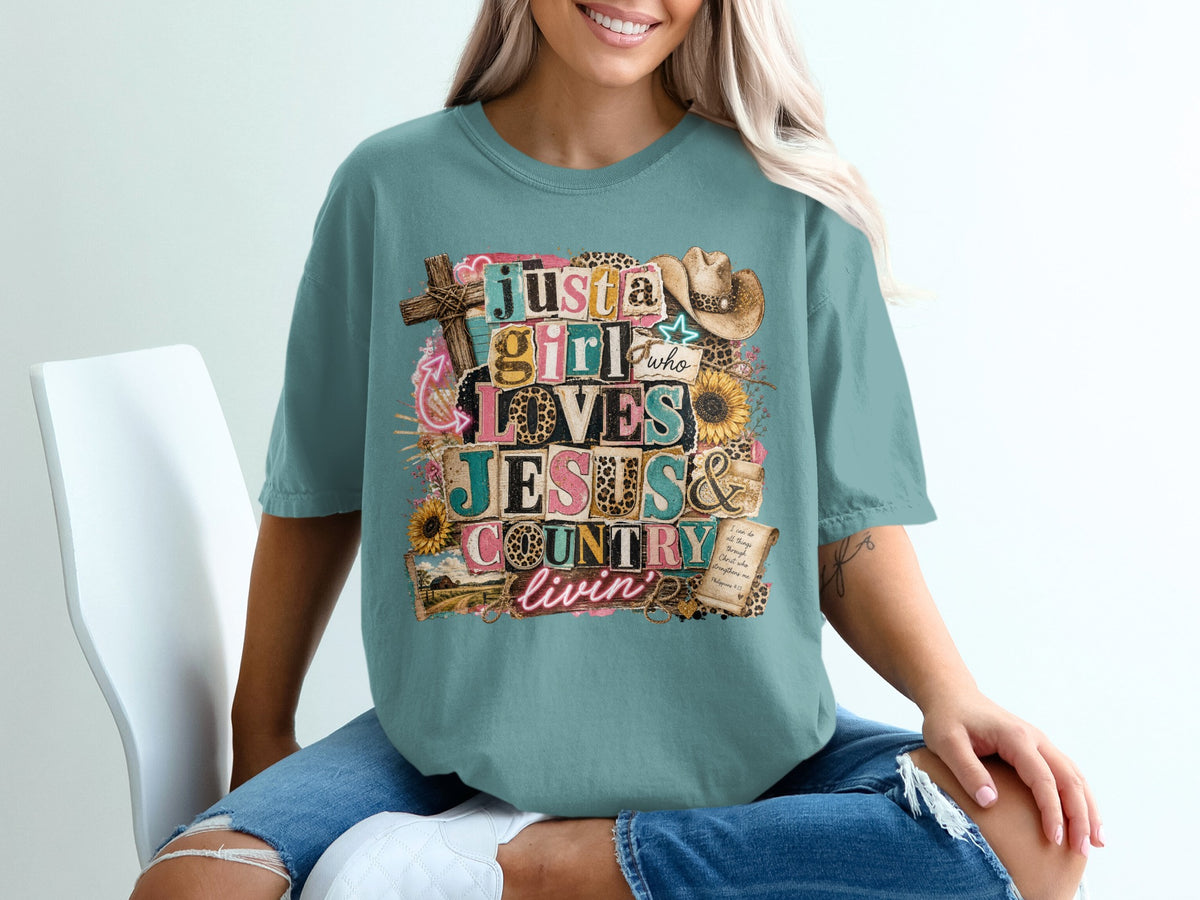 Just a girl who loves Jesus & country livin' graphic tee.