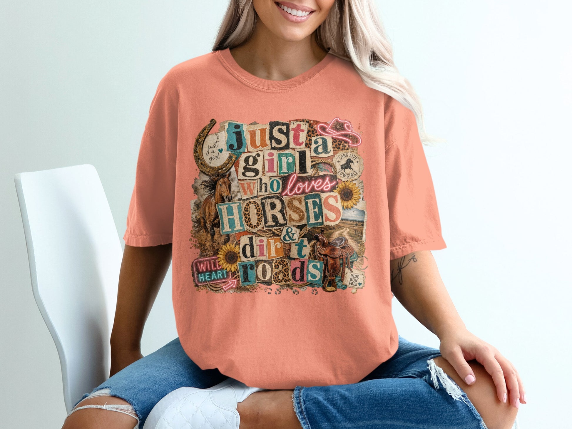 Peach t-shirt with collage graphic "Just a girl who loves horses & dirt roads."