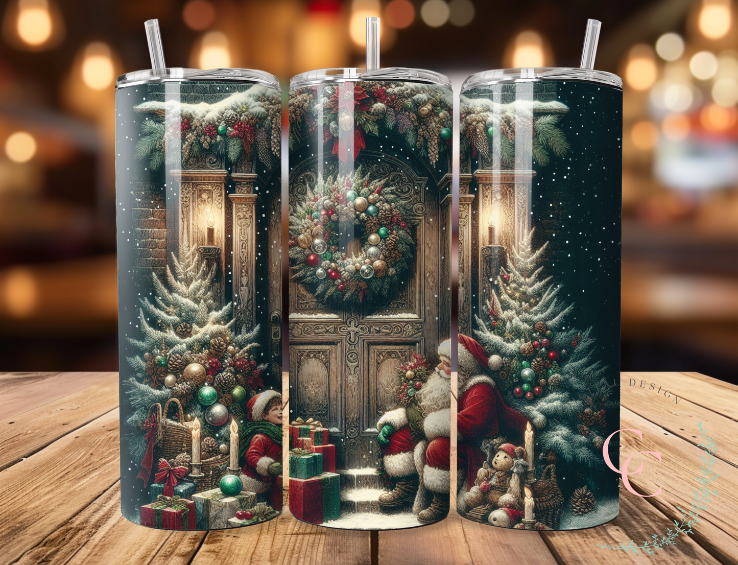Snowy Christmas Night 20oz Seamless Skinny Tumbler | Child Talking to Santa | Cozy Holiday Drinkware