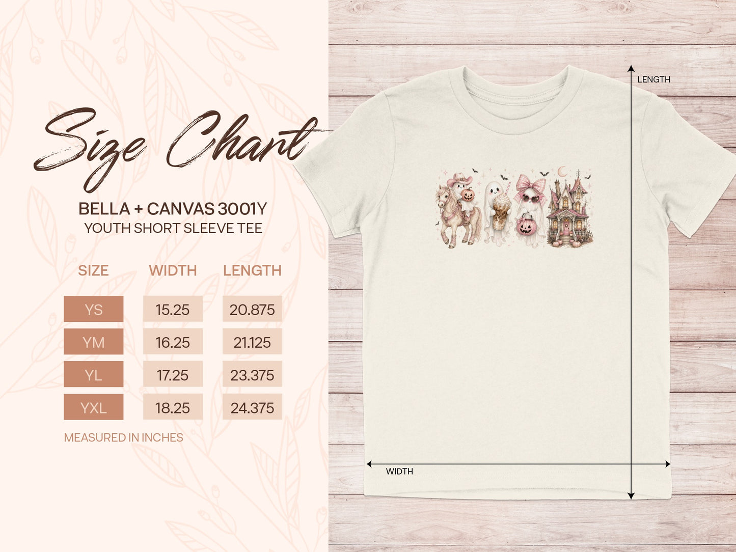 Bella + Canvas 3001Y youth tee size chart with width and length measurements in inches.