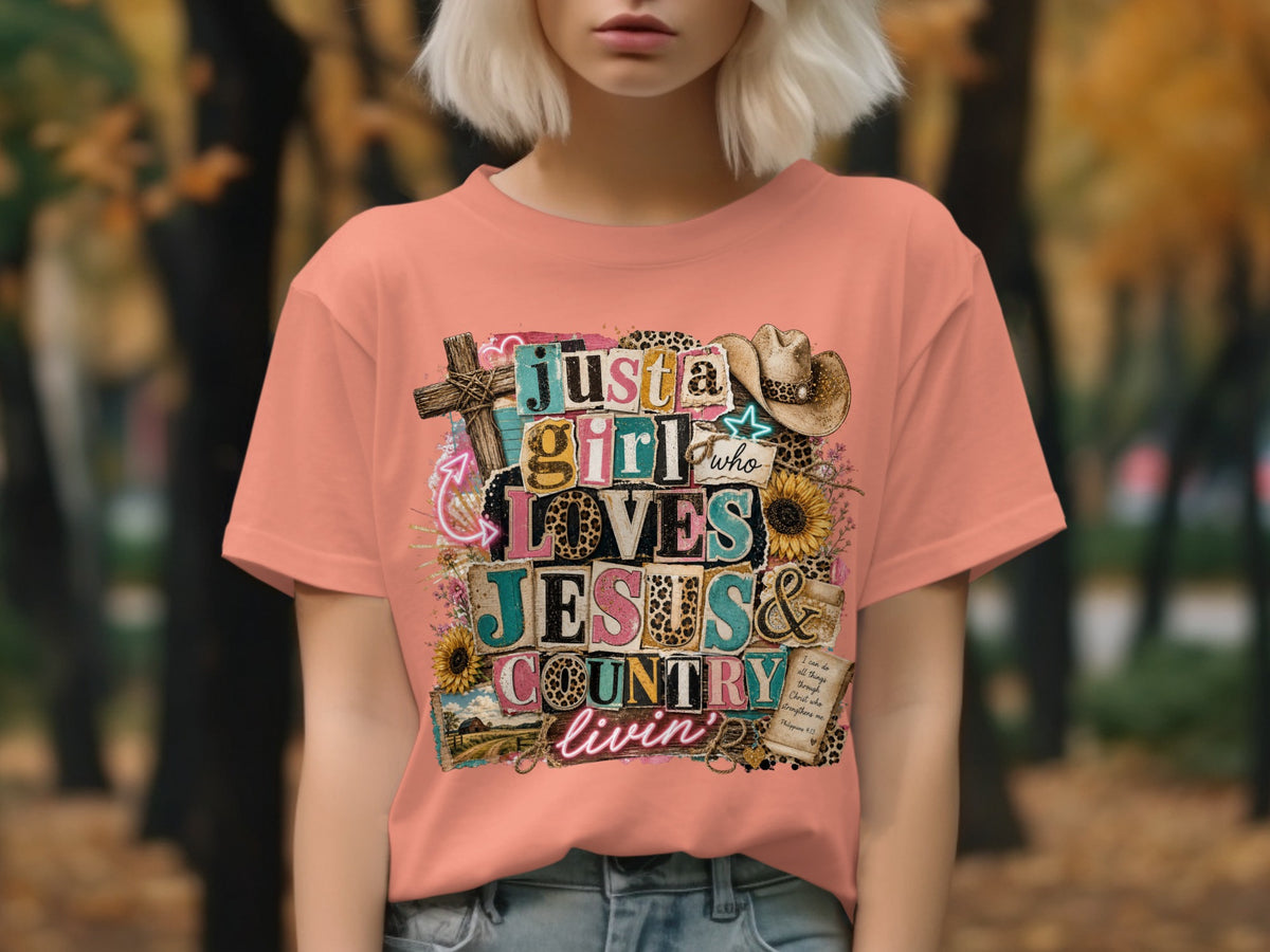 Peach t-shirt with "Just a girl who loves Jesus and country livin'" text graphic.