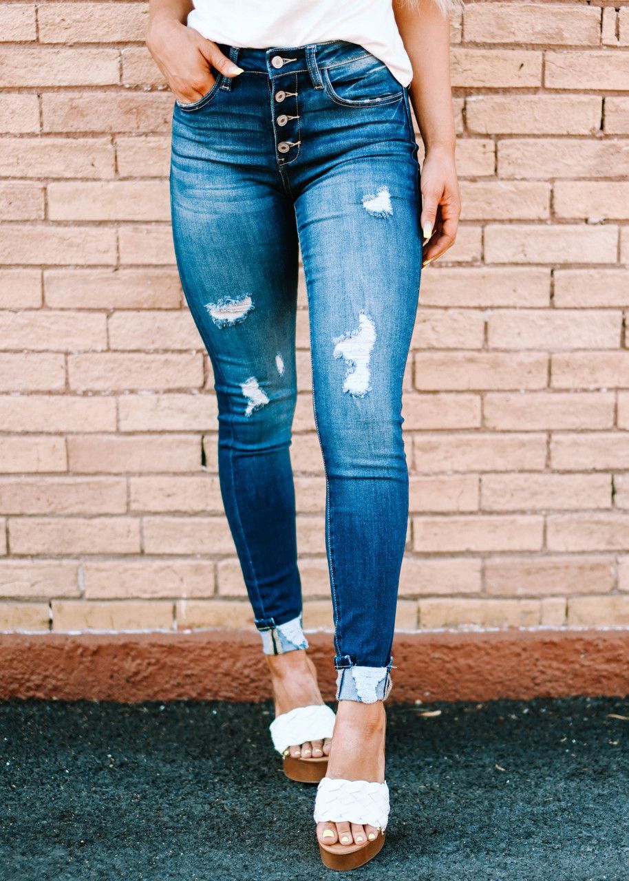 Mid-rise Button-fly Distressed Skinny Jeans