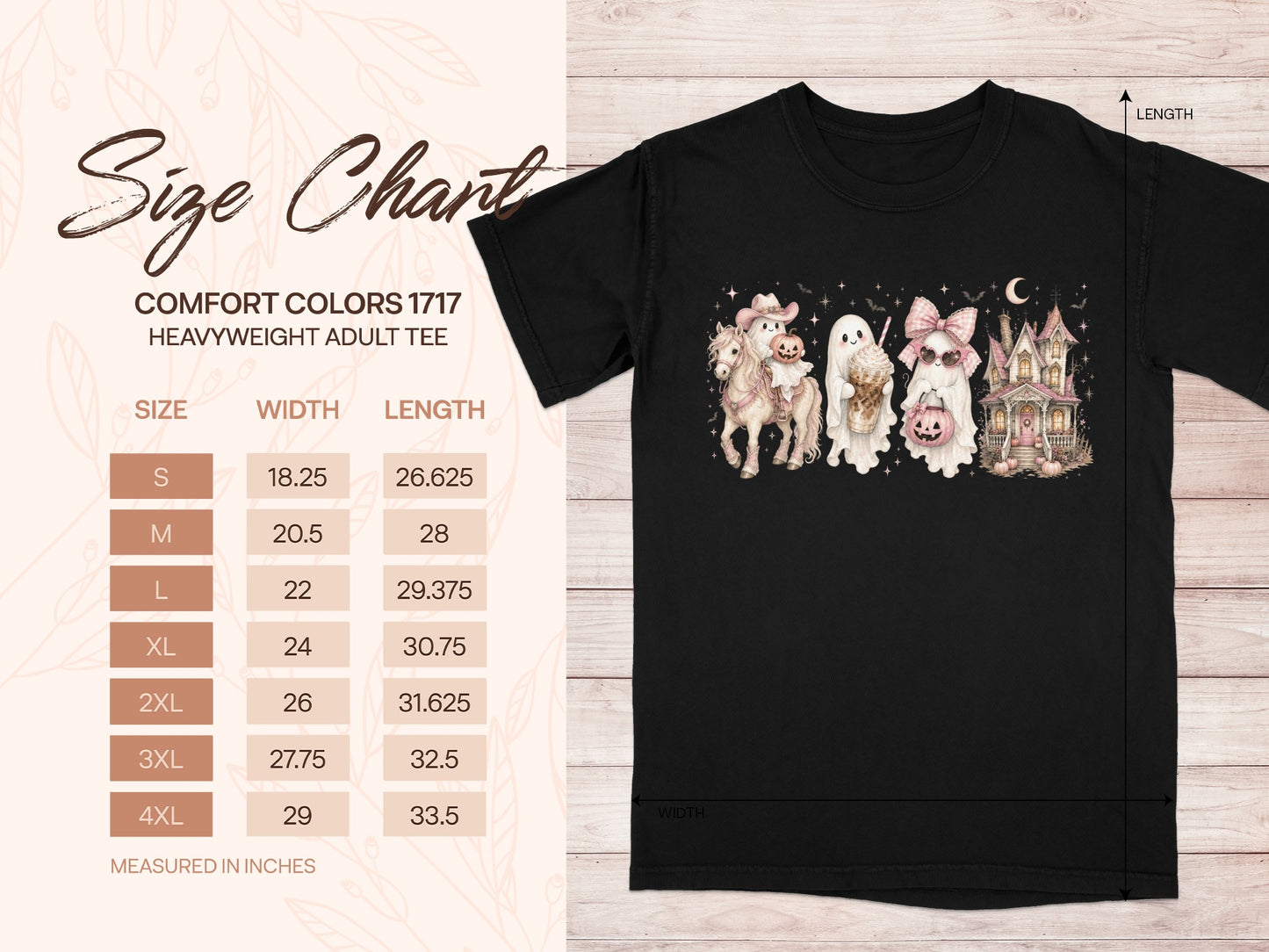 Comfort Colors 1717 heavyweight adult tee size chart with Halloween ghosts and haunted house graphic.