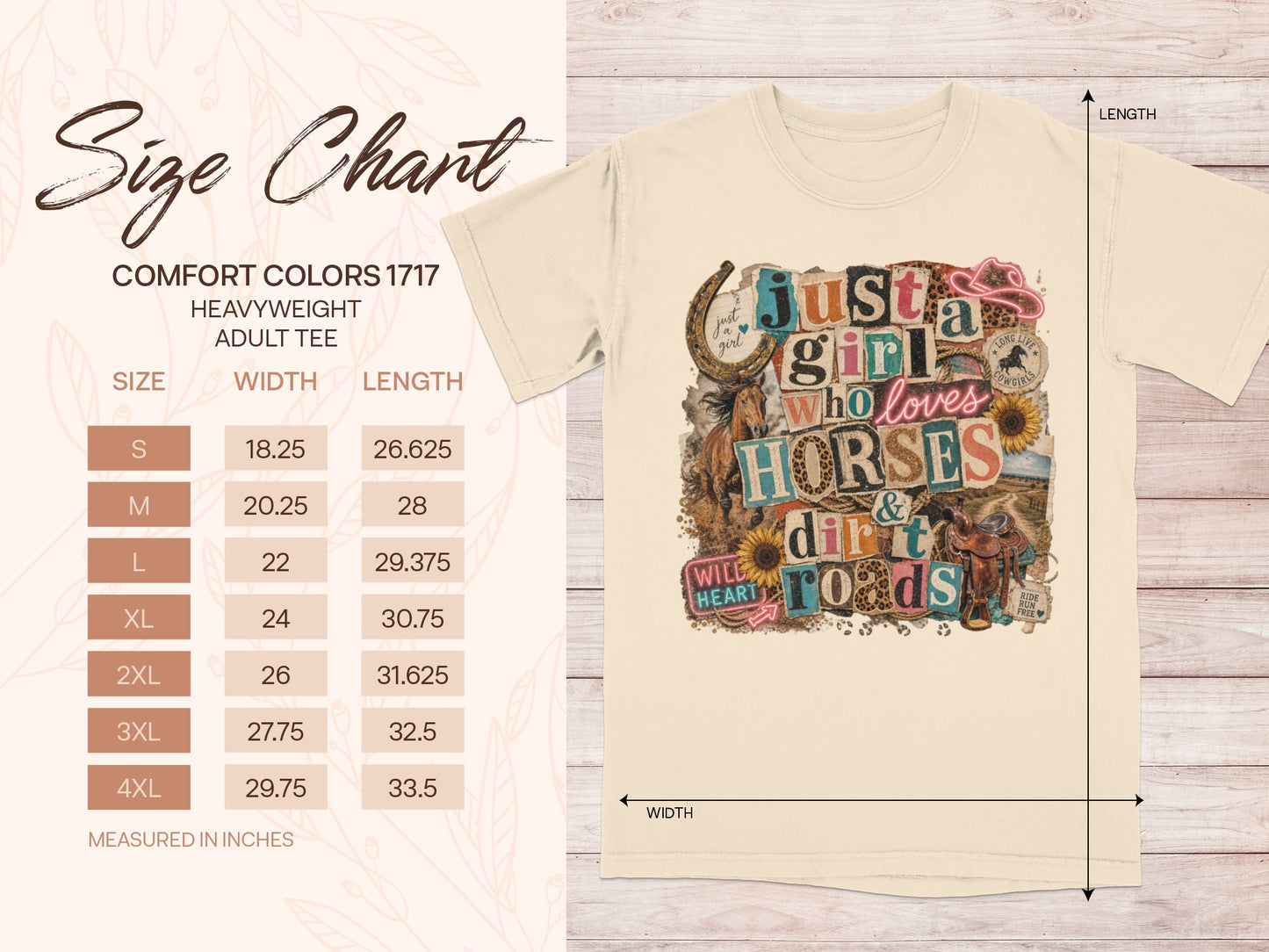 Comfort Colors 1717 heavyweight adult tee size chart with graphic.