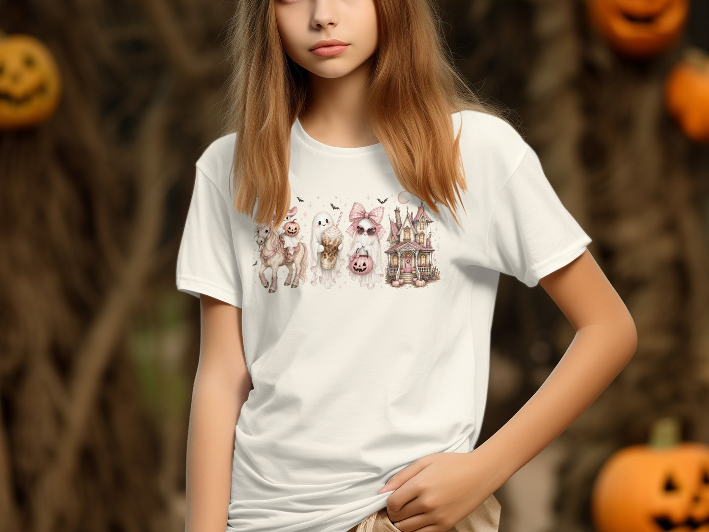 White t-shirt with Halloween graphics of a unicorn, ghosts, and haunted house.