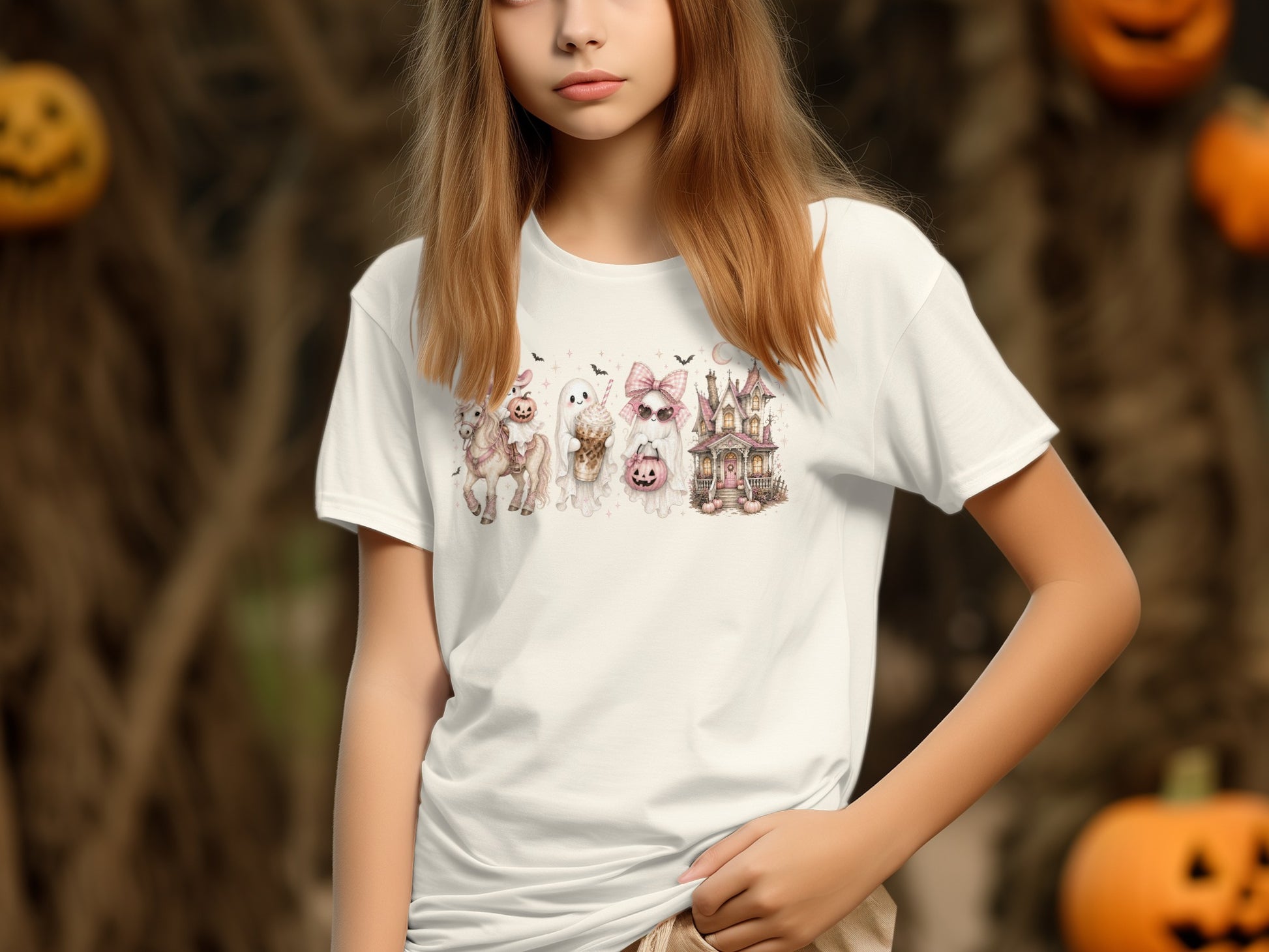 White t-shirt with Halloween graphics of a unicorn, ghosts, and haunted house.