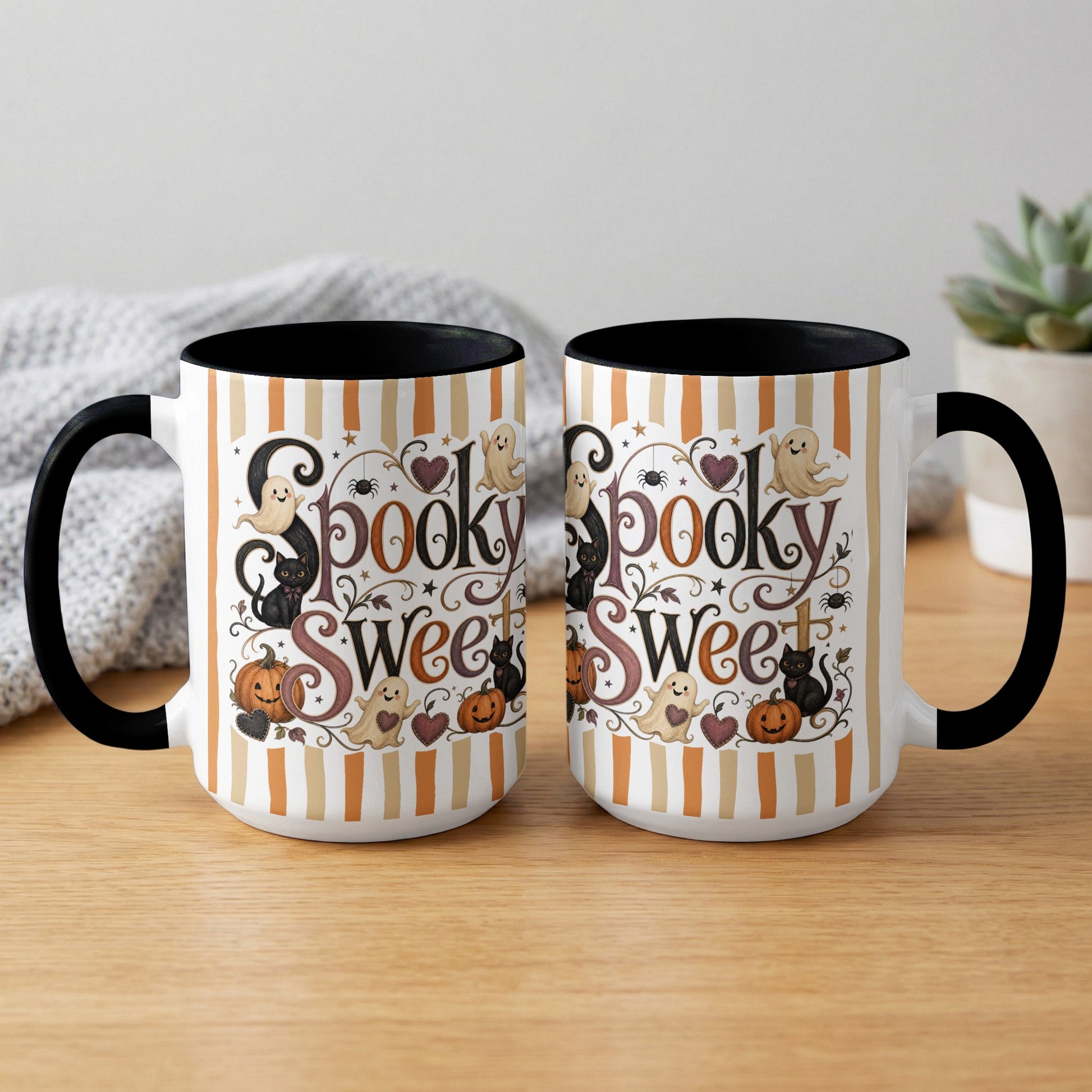 Two mugs with Halloween theme featuring "Spooky Sweet" text, ghosts, cats, and pumpkins.