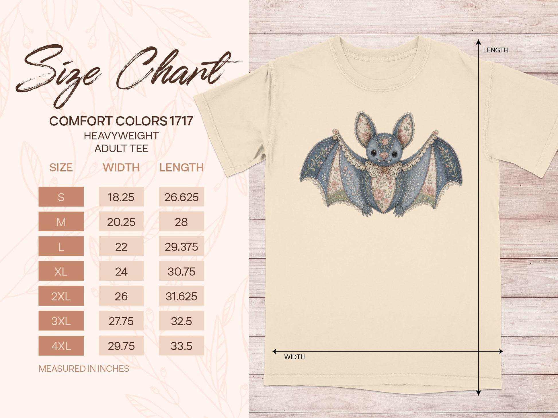 Comfort Colors 1717 heavyweight adult tee size chart with bat graphic.