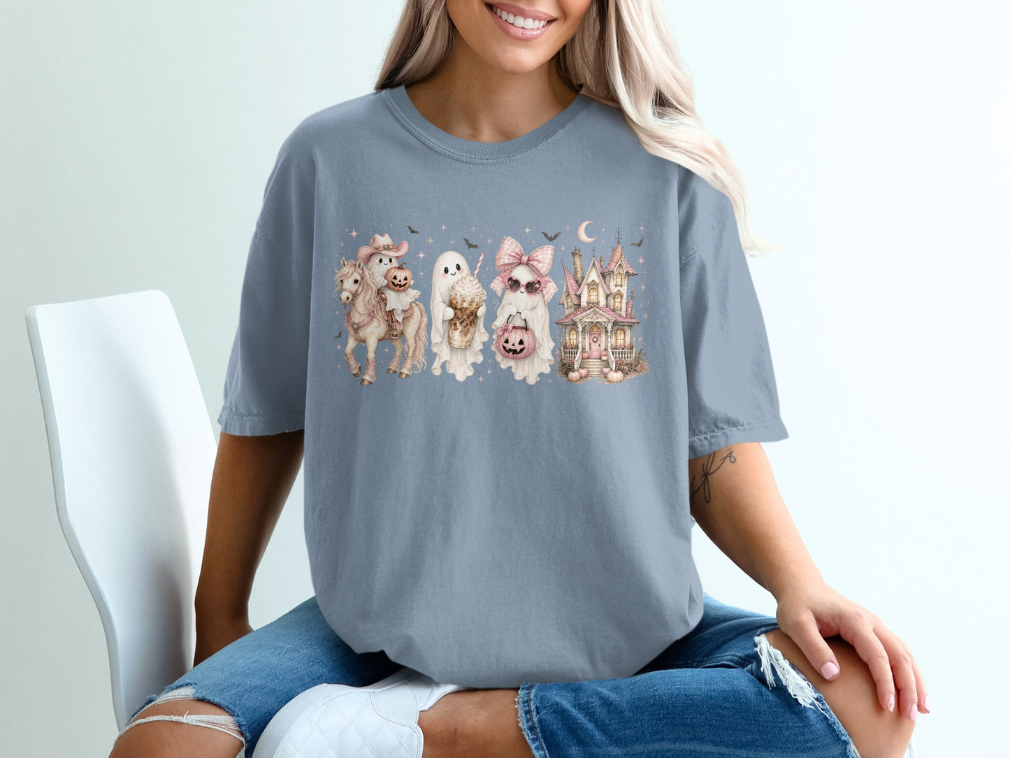 Cowboy ghost on horse, ghosts with ice cream and pumpkin, and pink haunted house design.