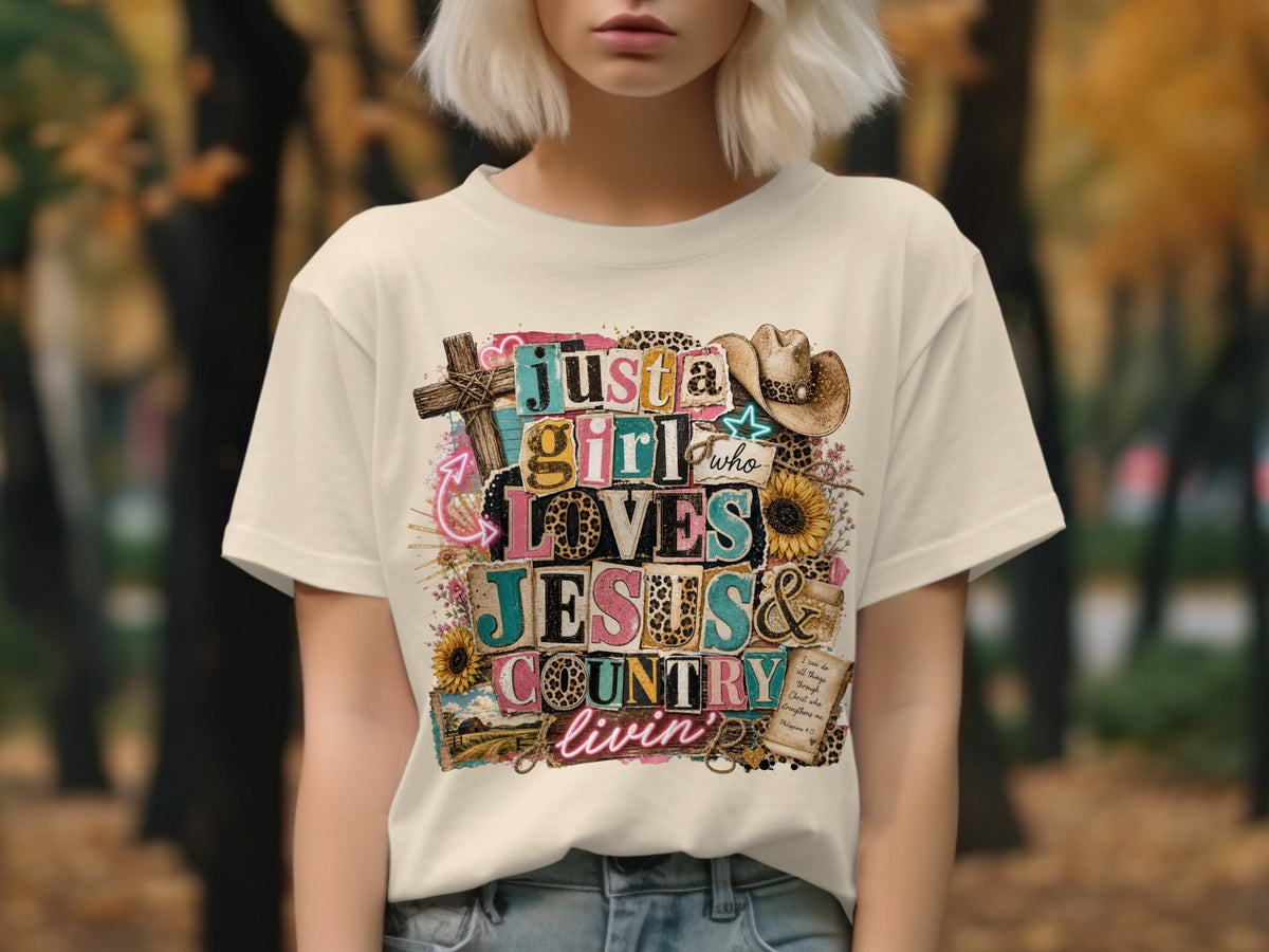 "Just a girl who loves Jesus & country livin'" graphic on a cream t-shirt.