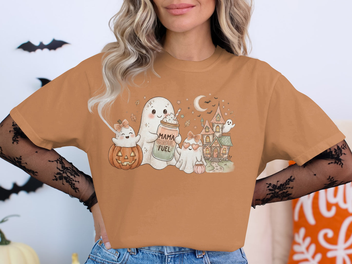 T-shirt with ghosts, pumpkin, haunted house, and "Mama Ghoul Fuel" text.