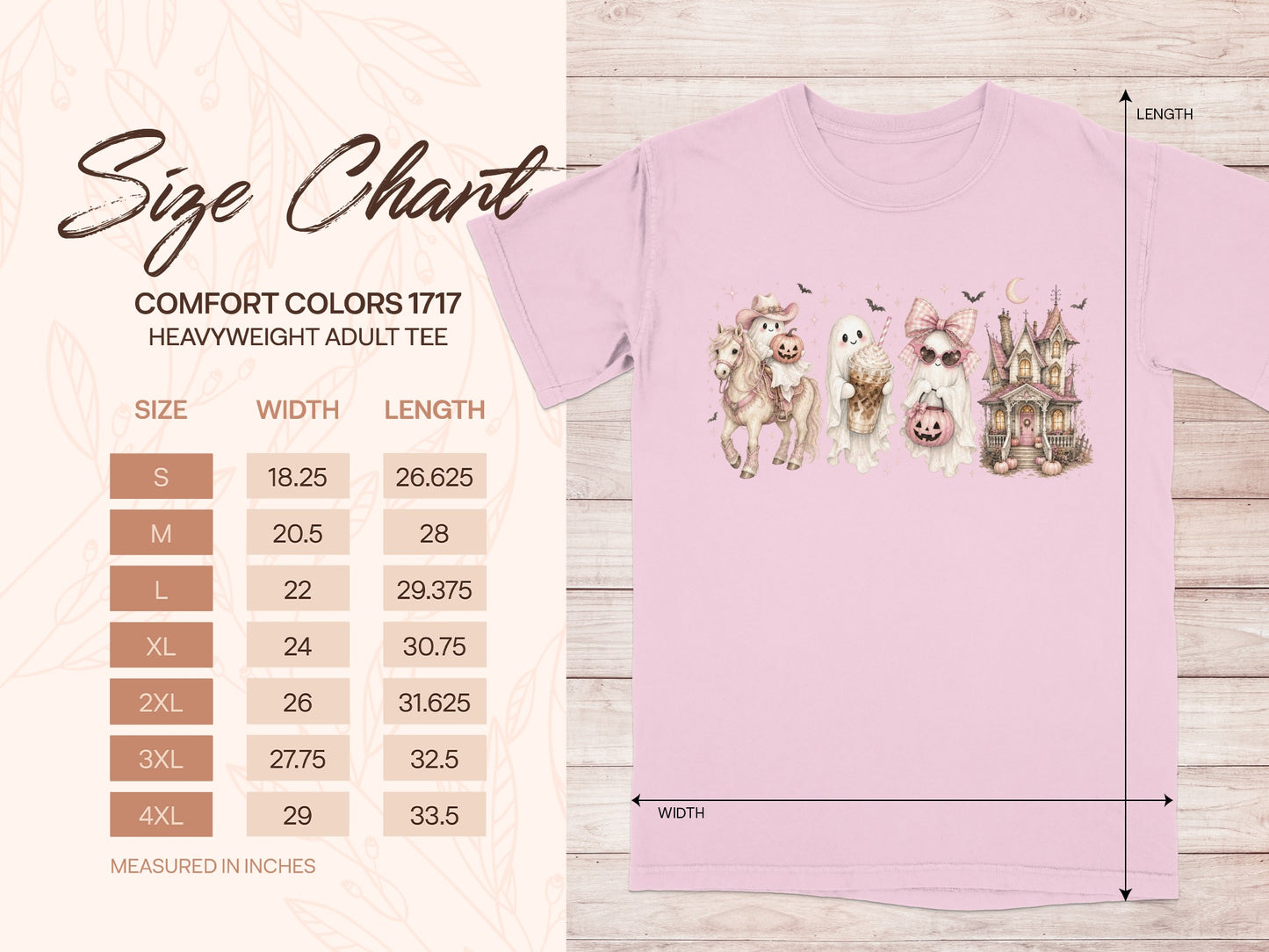 Comfort Colors 1717 t-shirt size chart with measurements and Halloween graphic.