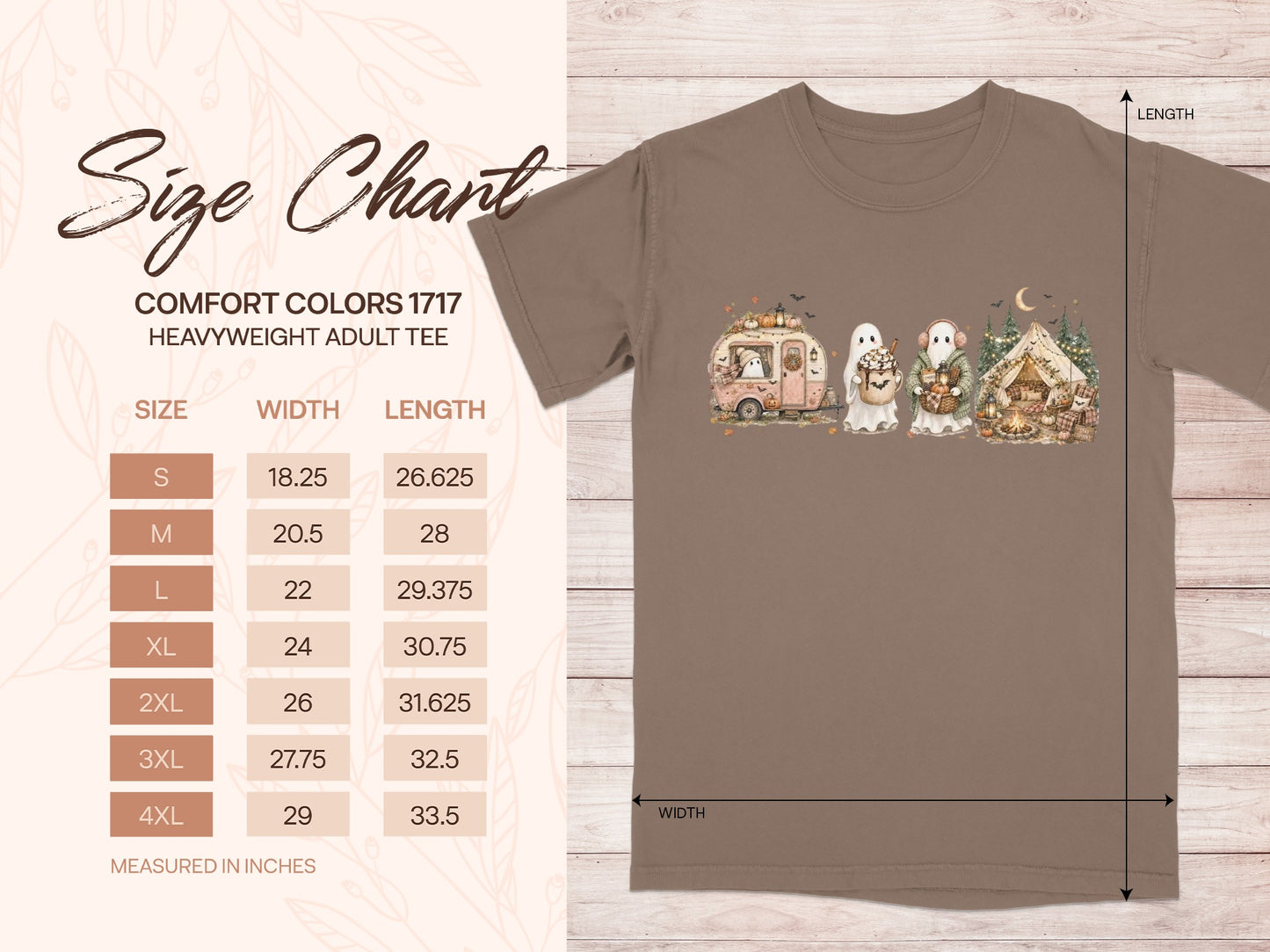 Comfort Colors 1717 heavyweight adult tee size chart with ghost camping graphic.