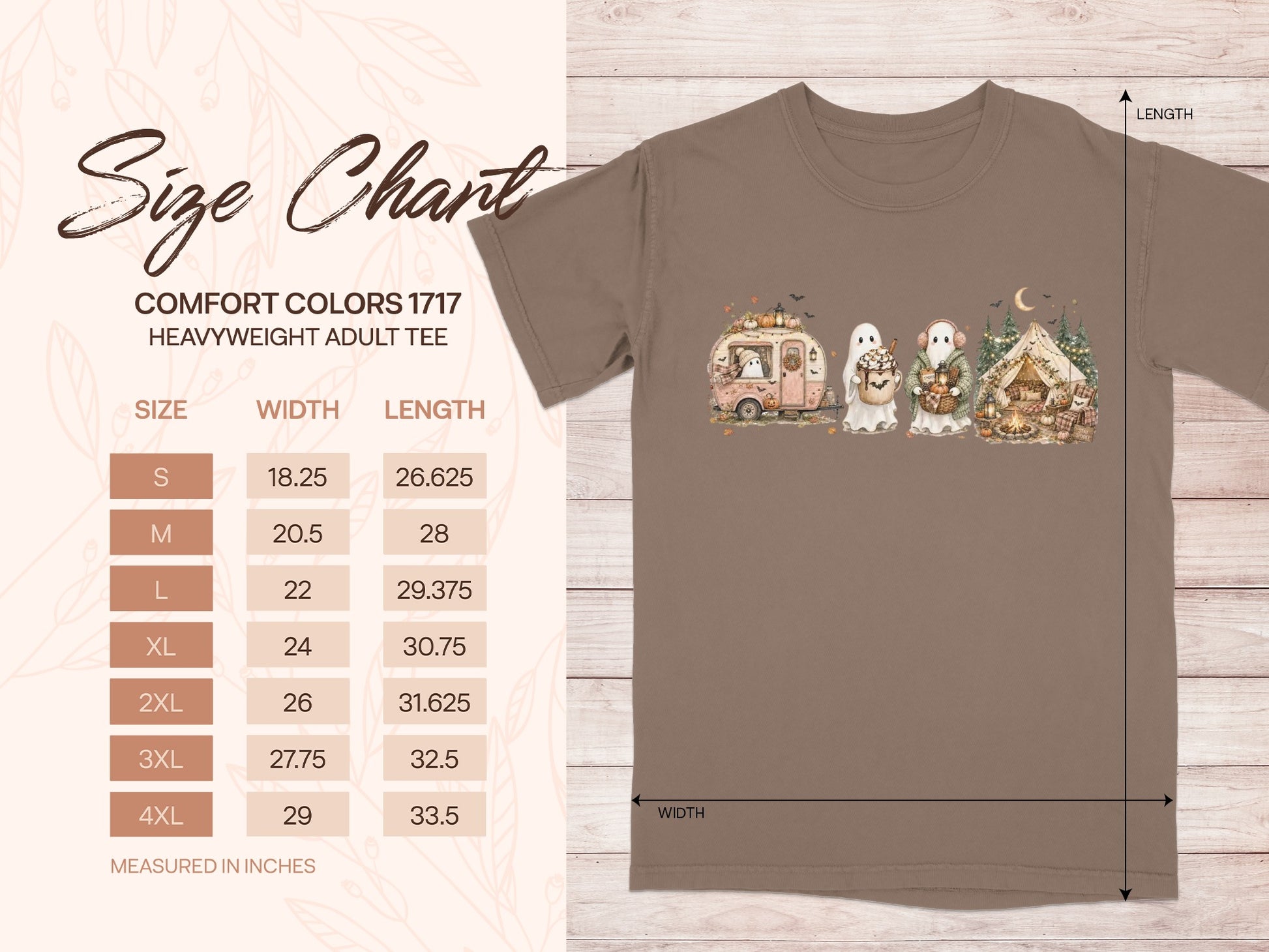 Comfort Colors 1717 heavyweight adult tee size chart with ghost camping graphic.