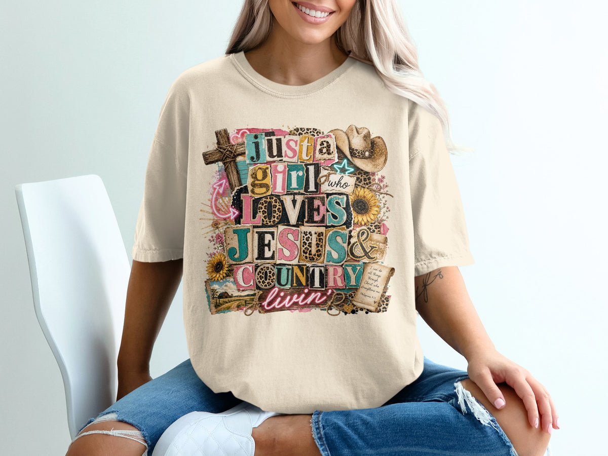 T-shirt graphic: "Just a girl who loves Jesus & country livin'" with cross, cowboy hat, and sunflowers.