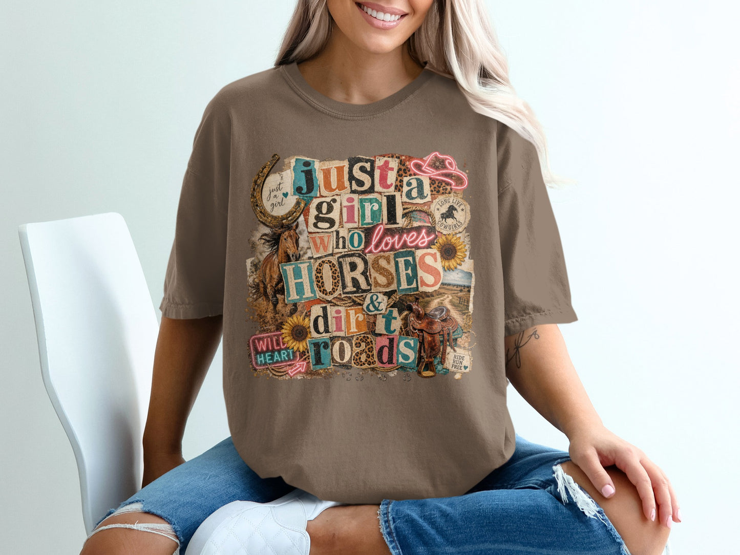 Brown t-shirt with "Just a girl who loves horses & dirt roads" graphic.