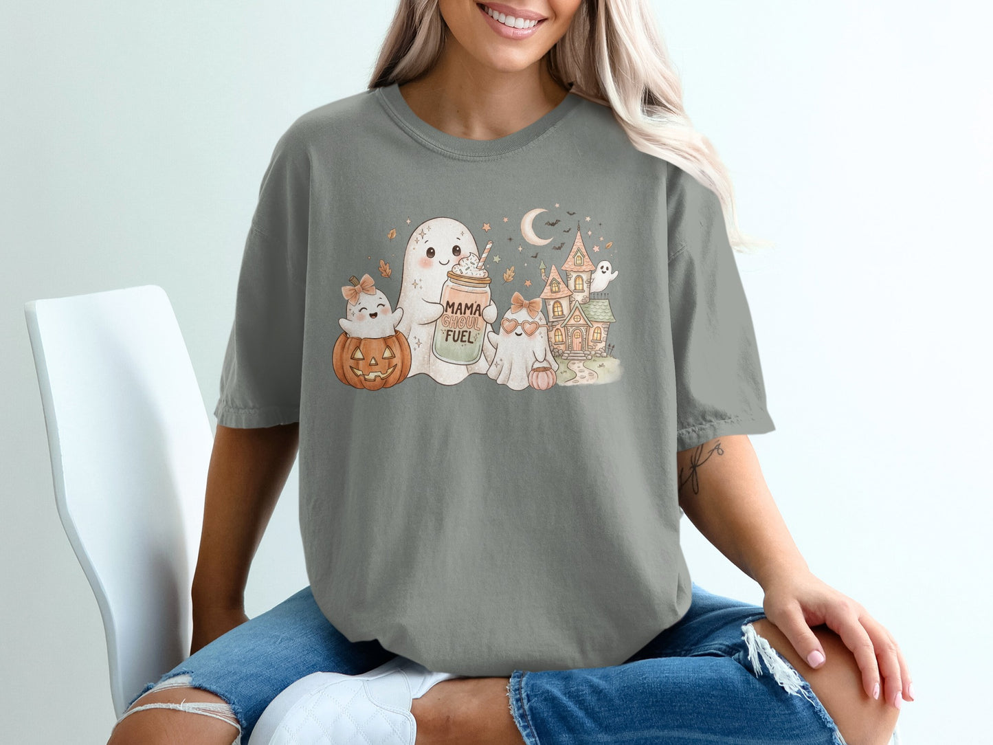 Halloween graphic with ghosts, pumpkin, and haunted house reads "Mama Ghoul Fuel".