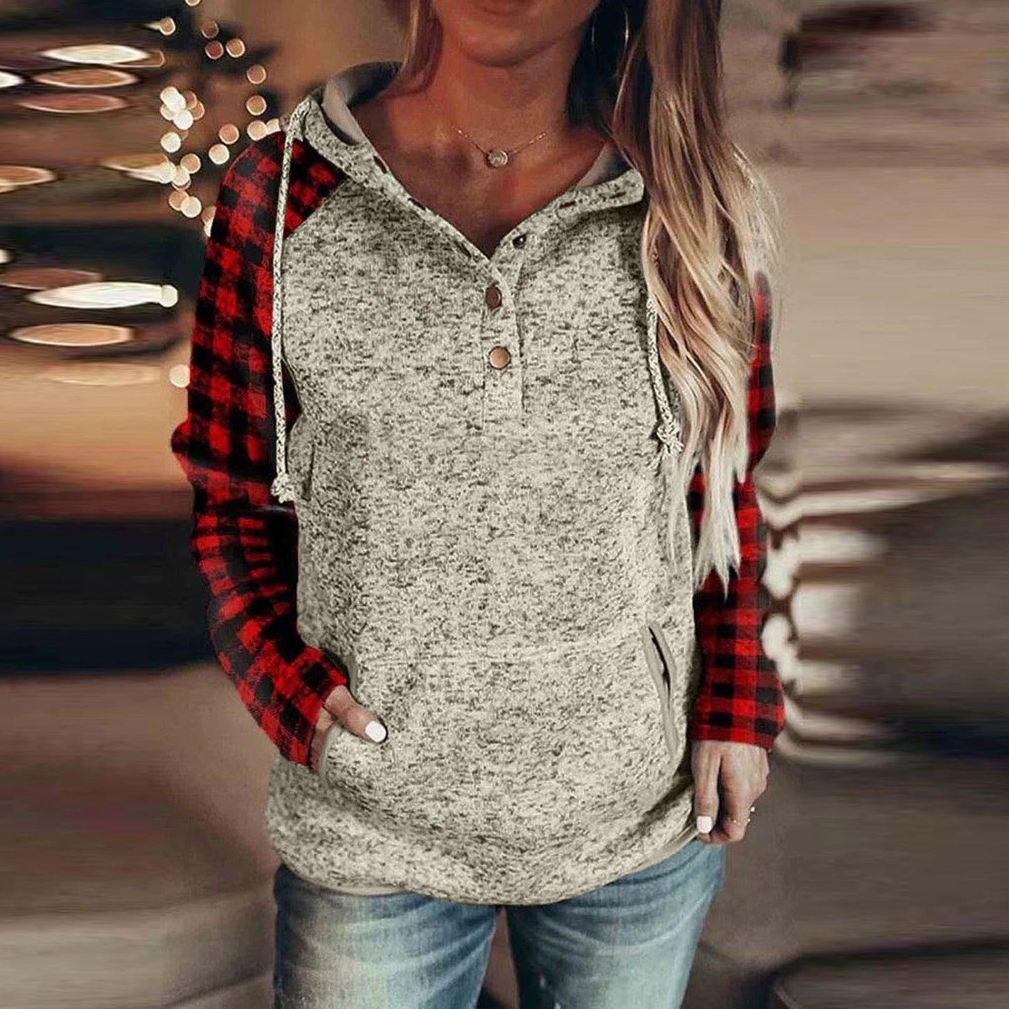 Women's Casual Long Sleeve Loose Hooded Color Matching Sweater