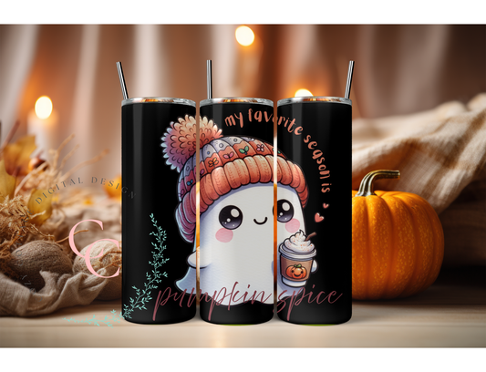 👻☕🍂 My Favorite Season Is Pumpkin Spice – Cute Fall Ghost & Coffee 20 oz Seamless Skinny Tumbler 🍂☕👻